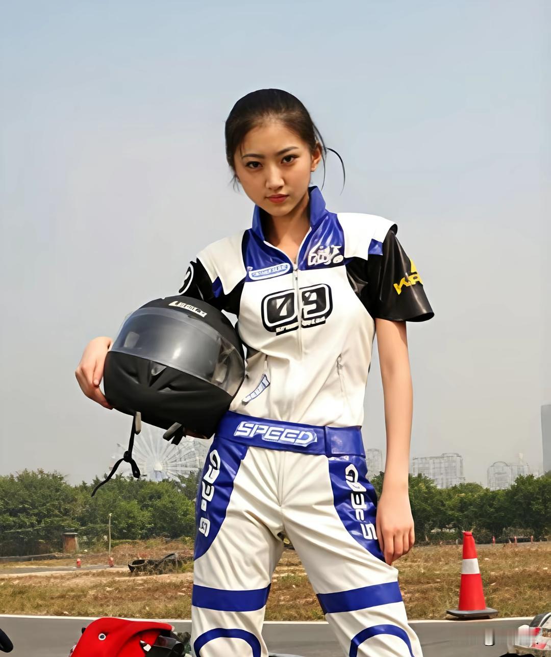 2007年，QQ飞车早期代言写真。当年还没有大火的景甜，一身蓝白赛车服。卡丁车赛