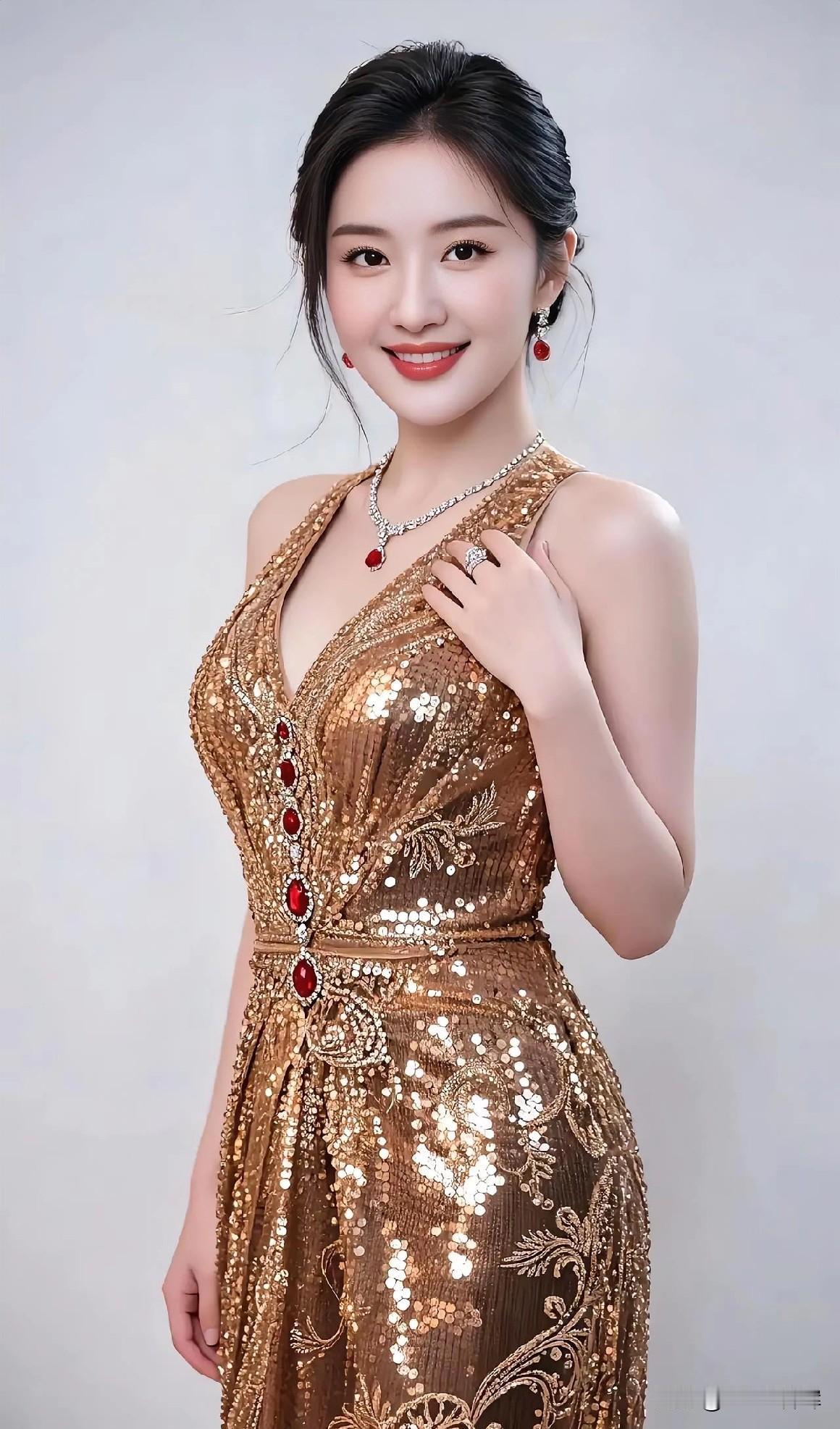 鎏金为裳，她站在光的聚光灯下。

亮片织就星河，红宝点缀火焰的梦。

颈链锁住璀