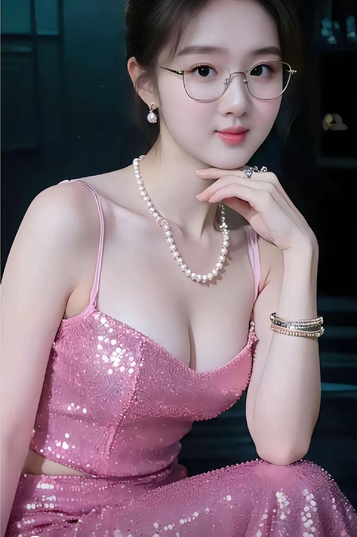 优雅甜美的粉色礼服，闪耀的珍珠项链，眼镜的点缀，尽显知性魅力！
