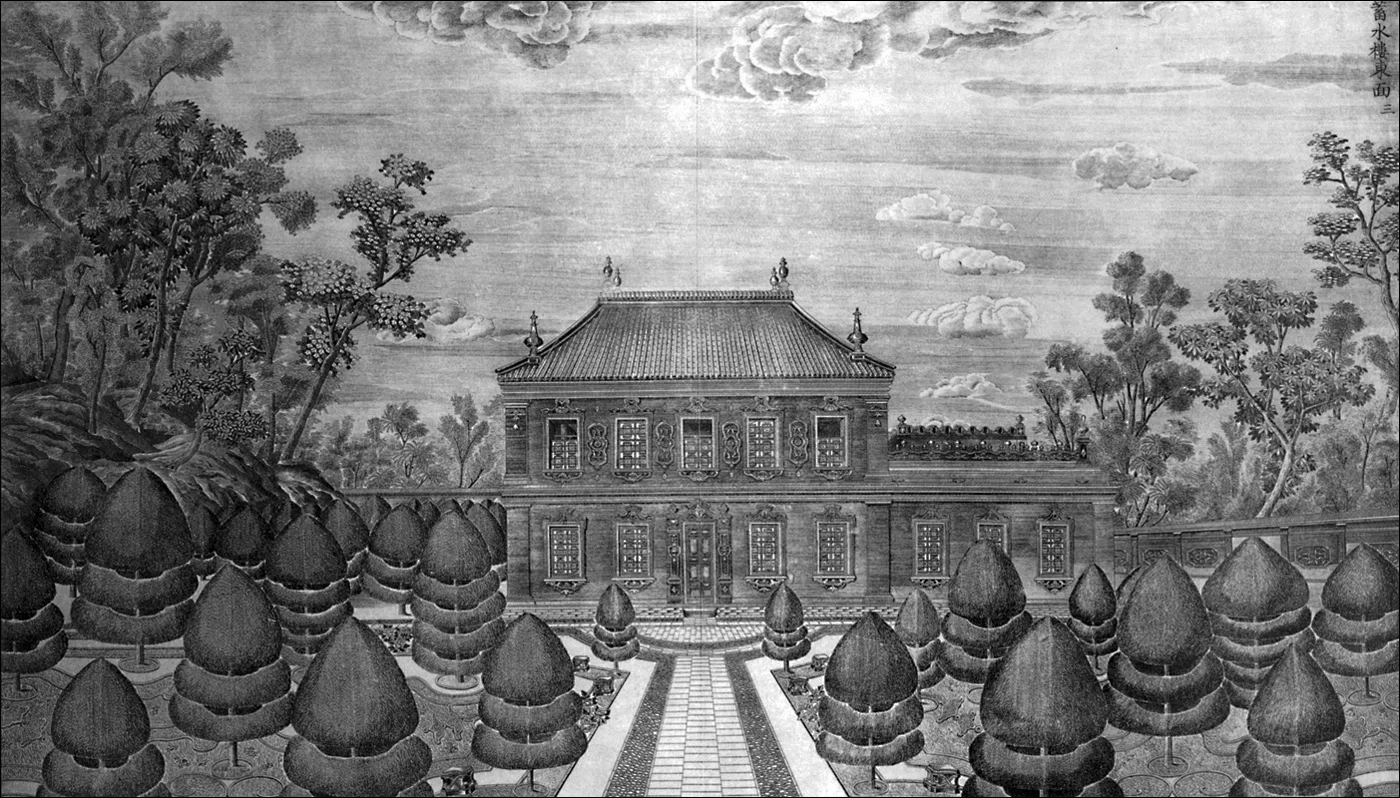【圆明园-西洋楼】园林建筑组团的铜版画，蓄水樓東面三。由耶稣会顾问小组...