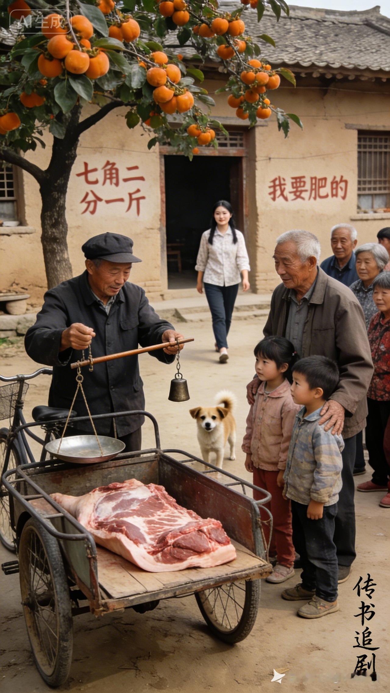 乡村集市上的热闹场景，老爷爷称重新鲜猪肉，孩子们好奇围观。