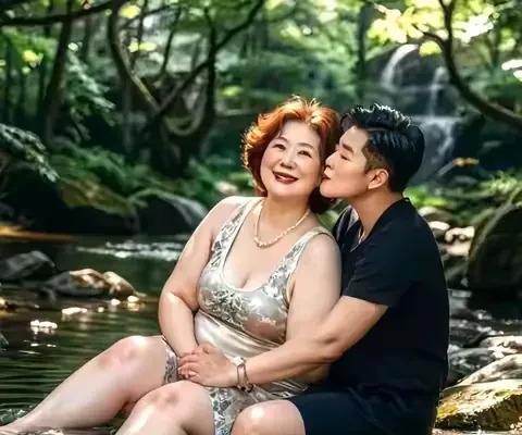 #感悟生活小事# #黄昏小憩在河畔# 画面中年轻男儿拥抱着年长女士，彼此脸上洋溢