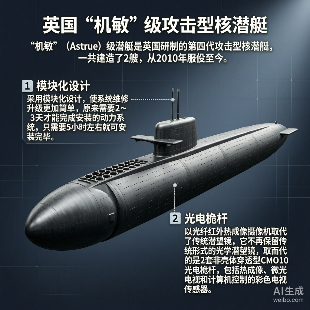 军事ai新视野 英国“机敏”级攻击型核潜艇“机敏”（Astute）级潜艇是英国研