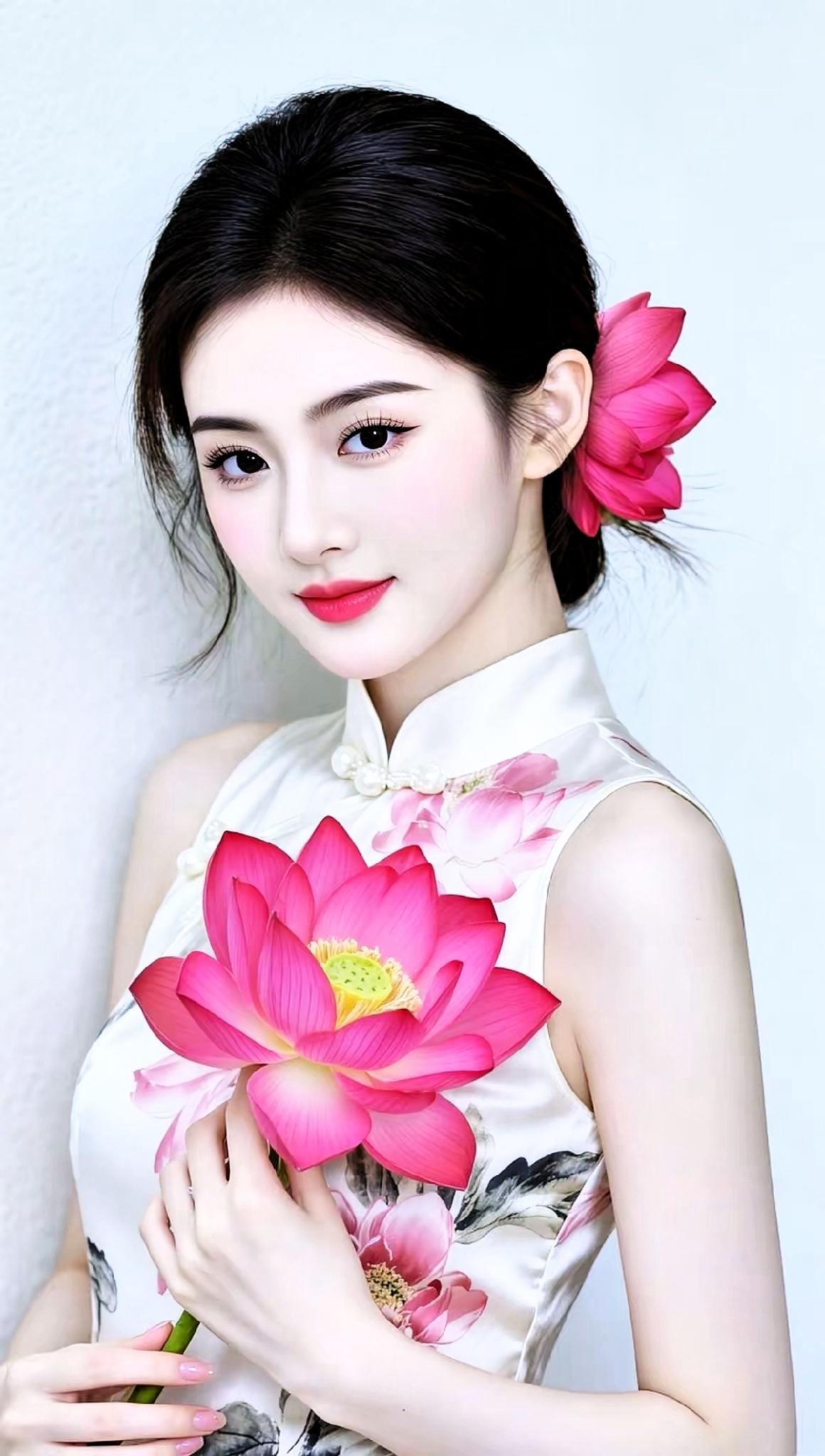 这位姑娘手捧荷花，美得像画一样。