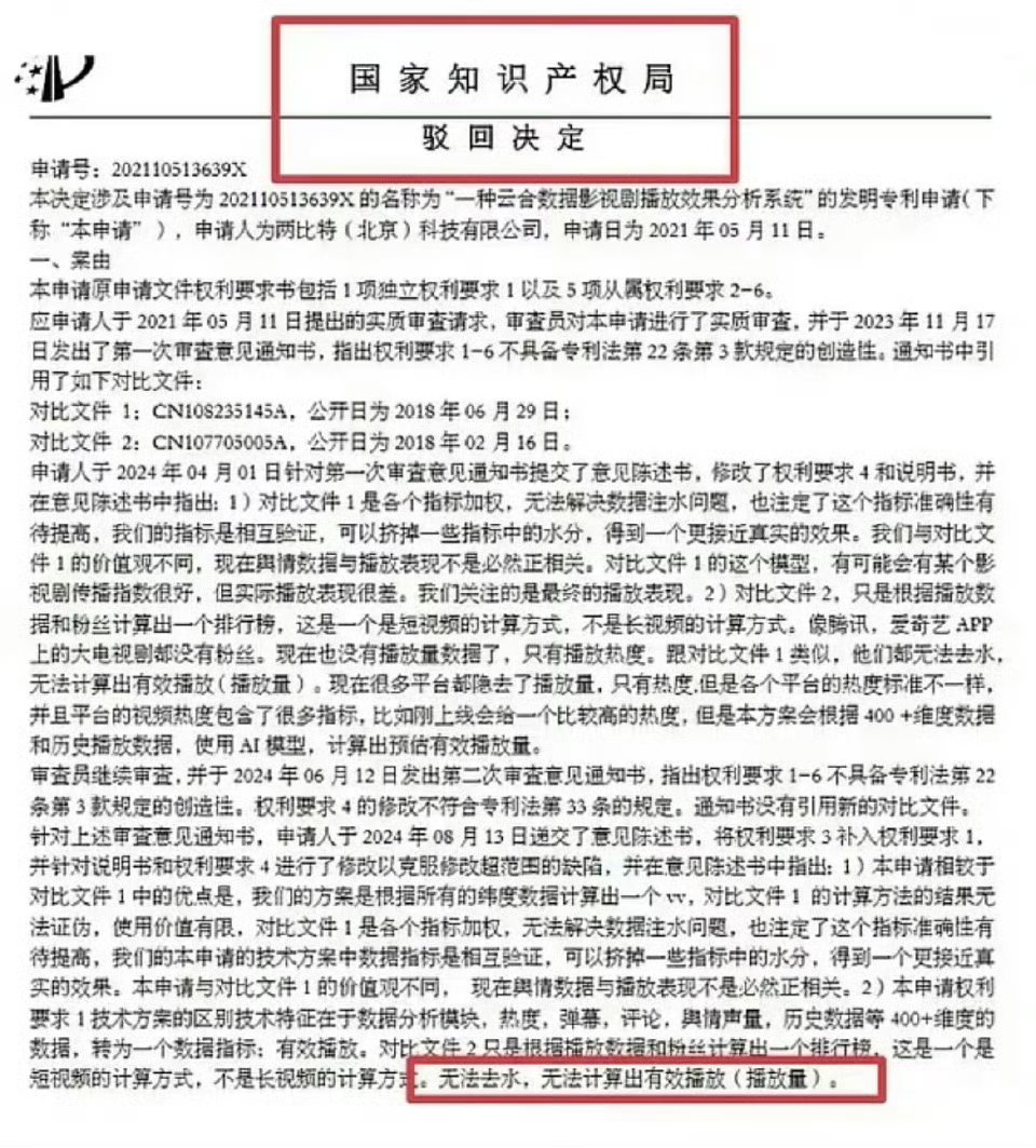 云合申请专利被驳回了，意思是剧的yx力度有多大，云合数据就有多高，无法做到去氵