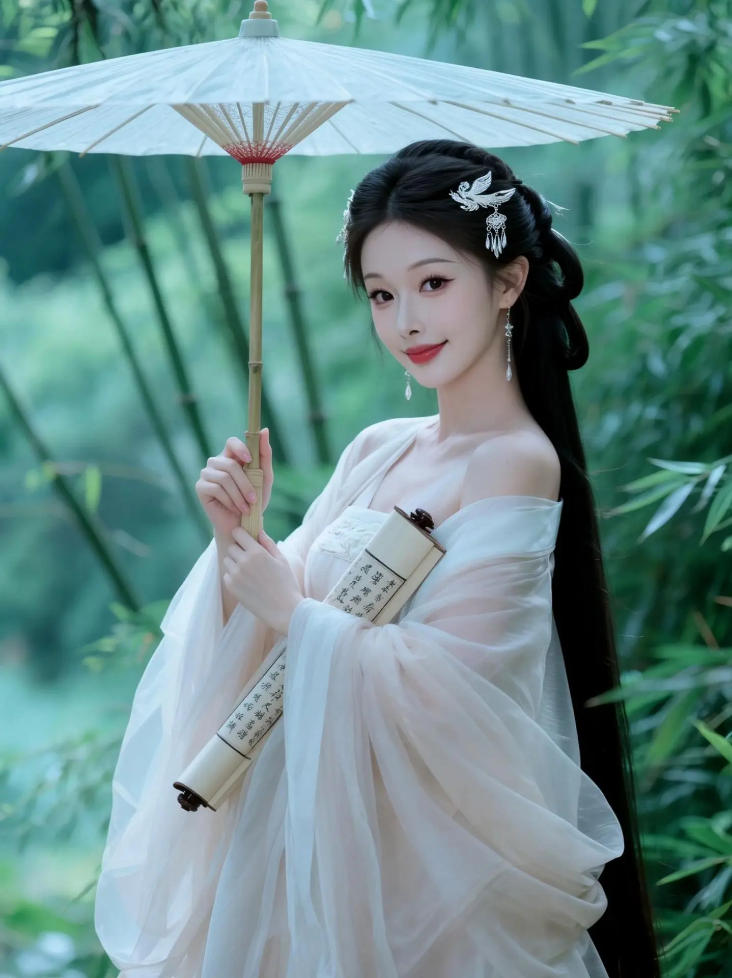AI竹林汉服写真 ai创作 古风汉服撑伞 谁拍谁好看 清冷氛围感汉服