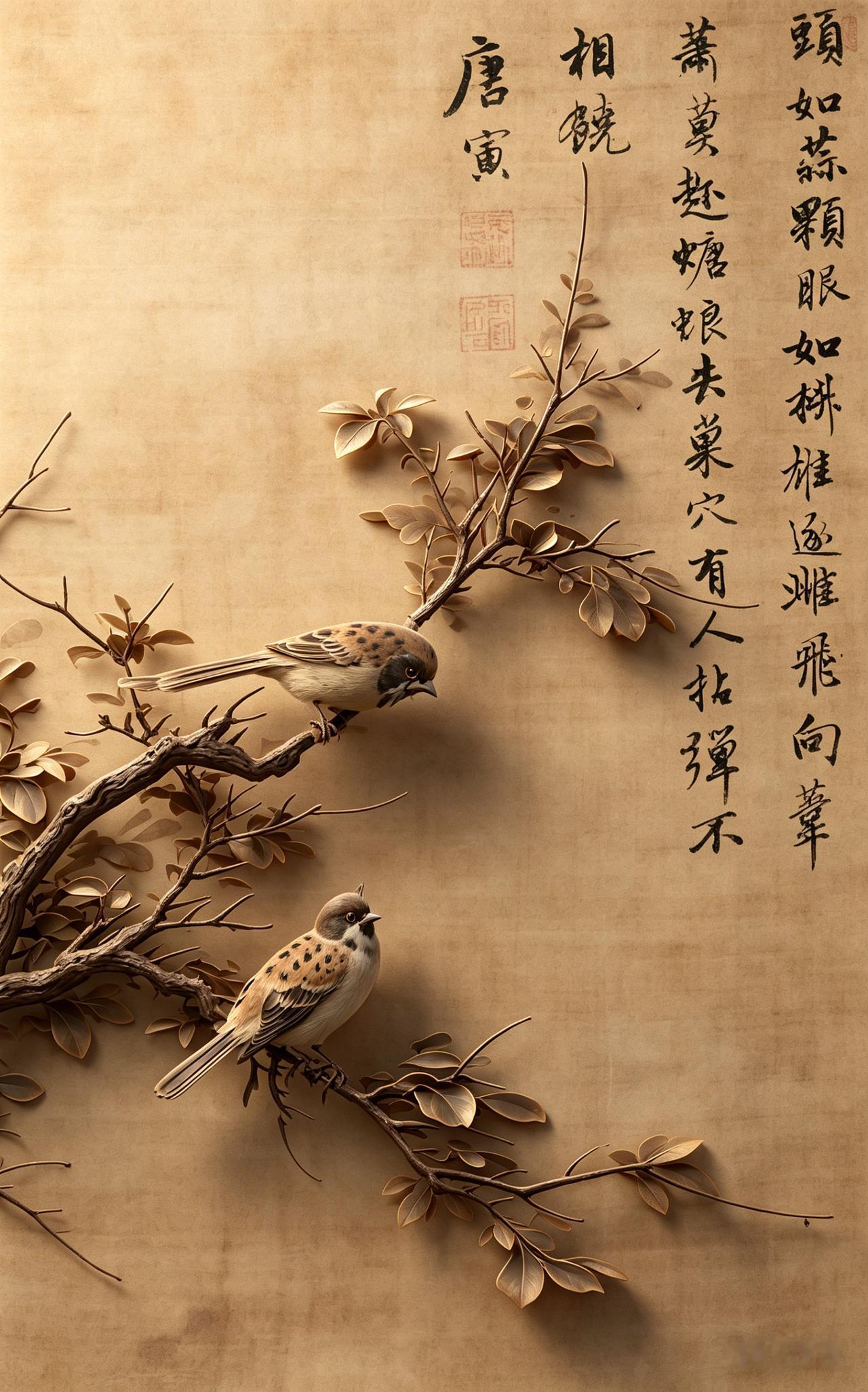 明 唐寅《椿树双雀图》（AI复原图）

唐寅这双雀，哪是画花鸟，分明是借枝头雀儿