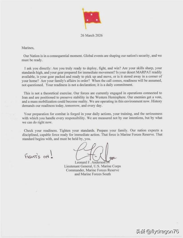 🇺🇸据称，这是一封来自美国海军陆战队预备役司令、中将伦纳德·F·安德森（Le