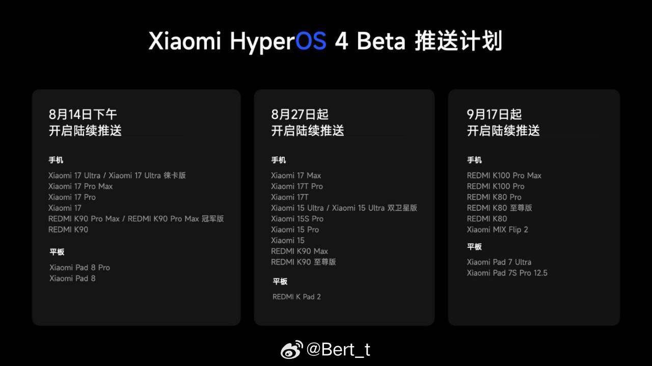 小米澎湃OS4Beta版 推送计划来啦～ 