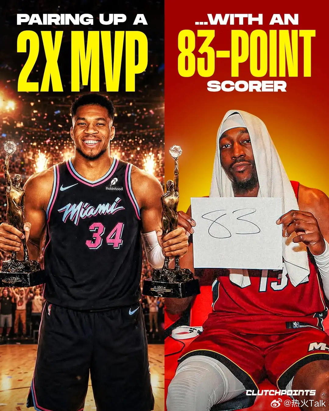美媒ClutchPoints发文表示：这笔重磅交易落地后，热火如今组成全新内线组