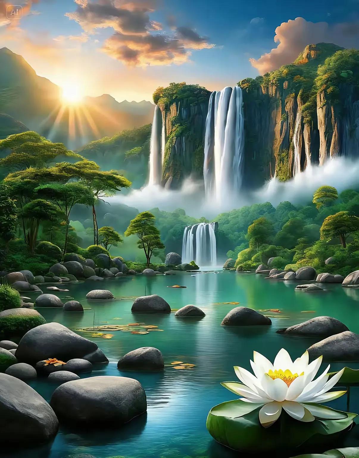 晴瀑垂空落，
白莲出水娇。
横批：《晴瀑与白莲》