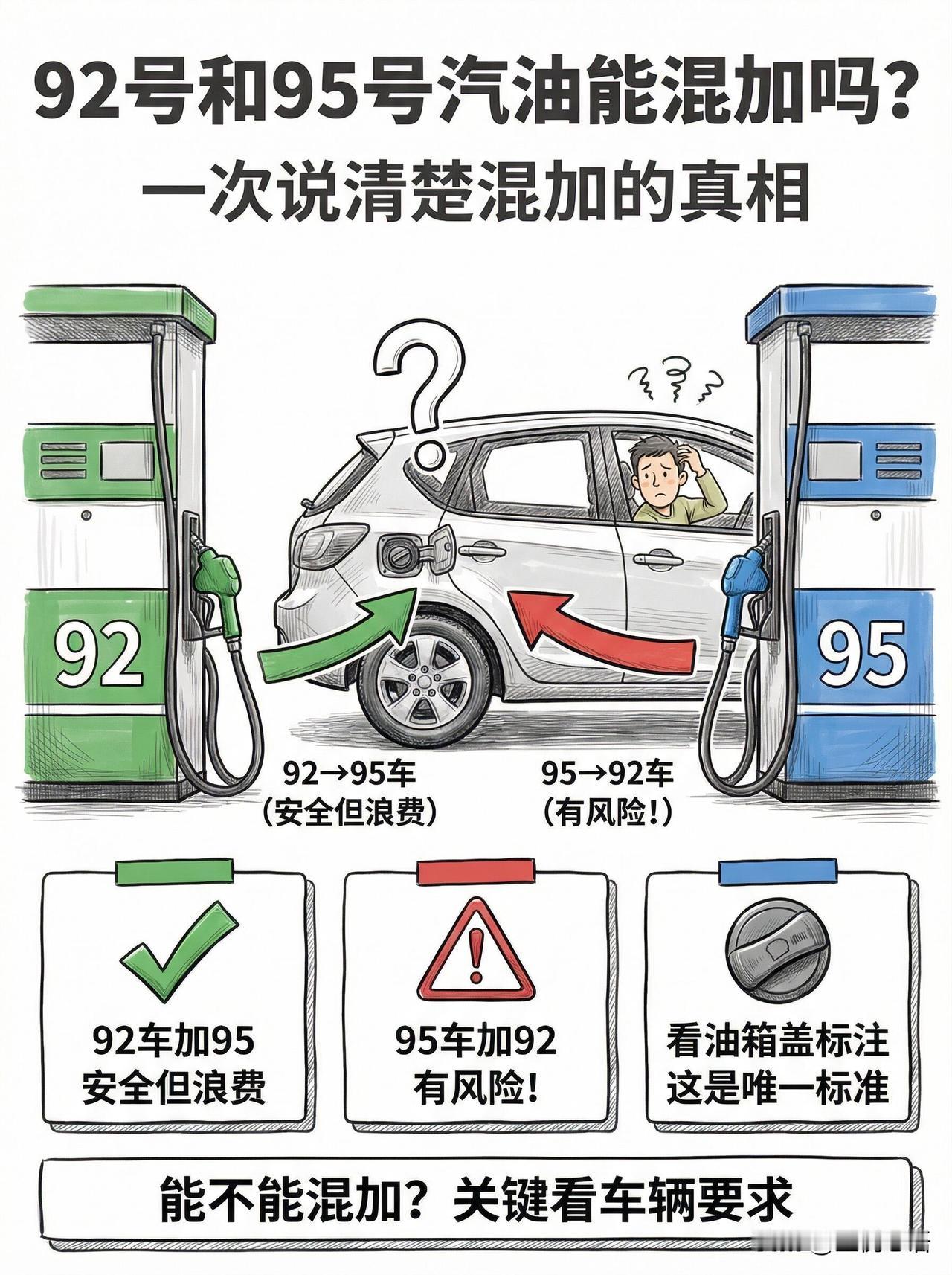 92和95汽油到底能不能混加？
每次加油都能碰到纠结的朋友，
92和95到底能不