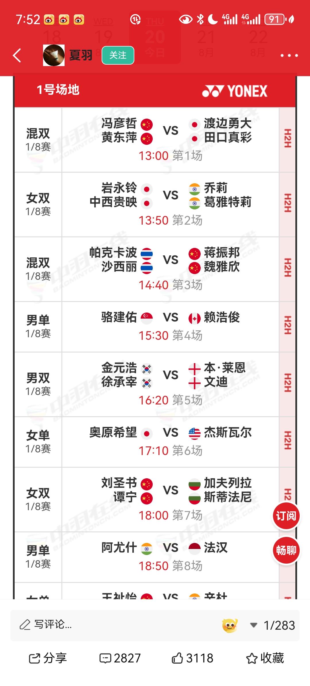 羽毛球世锦赛今日中国队赛程：
混双：
1.冯彦哲/黄东萍VS渡边勇太/田口真彩（