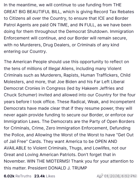 【黄金时代】川普确认，尽管民主党阻挠，但是边境安全和非法移民工作的资金不会断，工