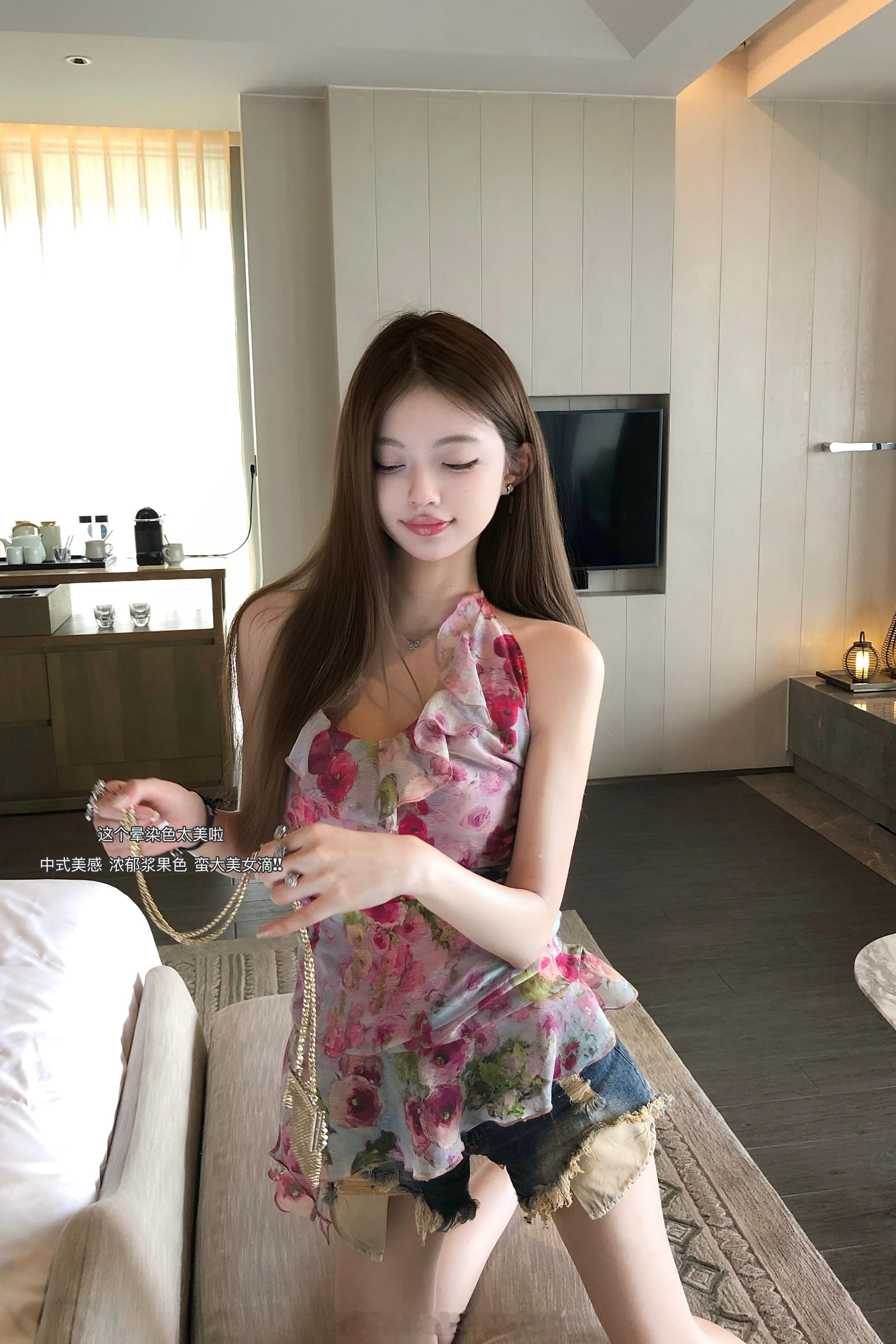 高级中式美感花色 傲娇明艳这期挚爱这件瑰粉*挂脖版显瘦嗲气搭牛仔裤洋气时髦 滑1