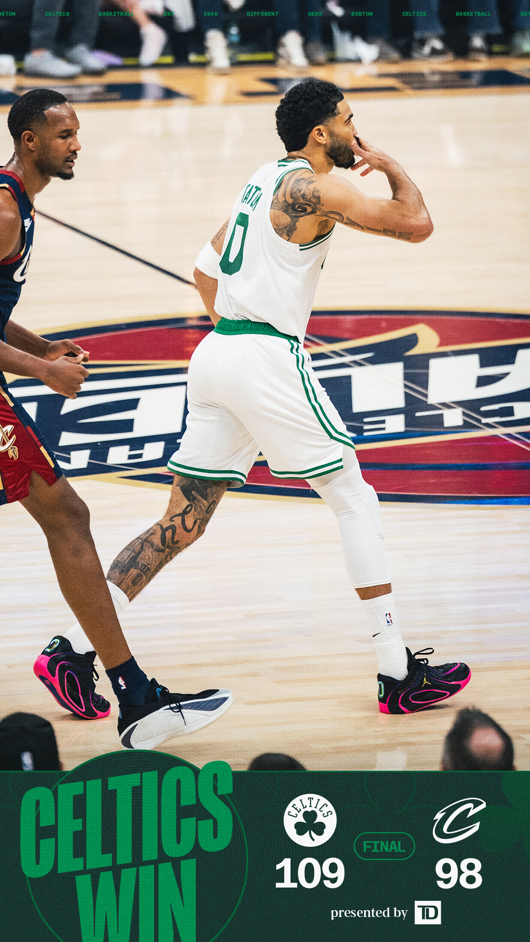 全场比赛结束，我们在客场109-98战胜骑士！☘️塔图姆20分3篮板2助攻☘️布