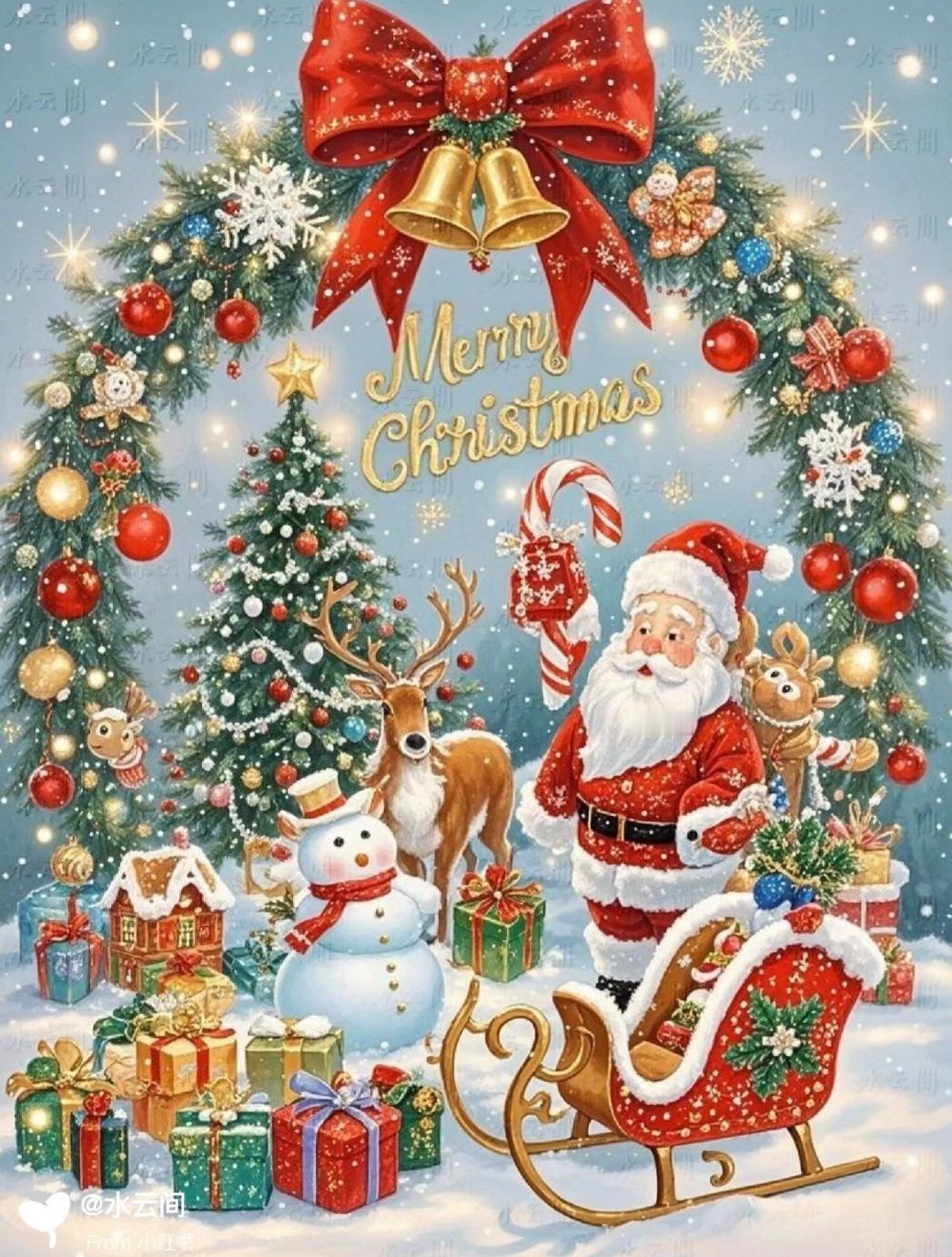 温馨-圣诞夜🎄

青云/随赋
寒宵烛影摇红暖，庭树银花缀玉枝；
老叟红袍分彩礼