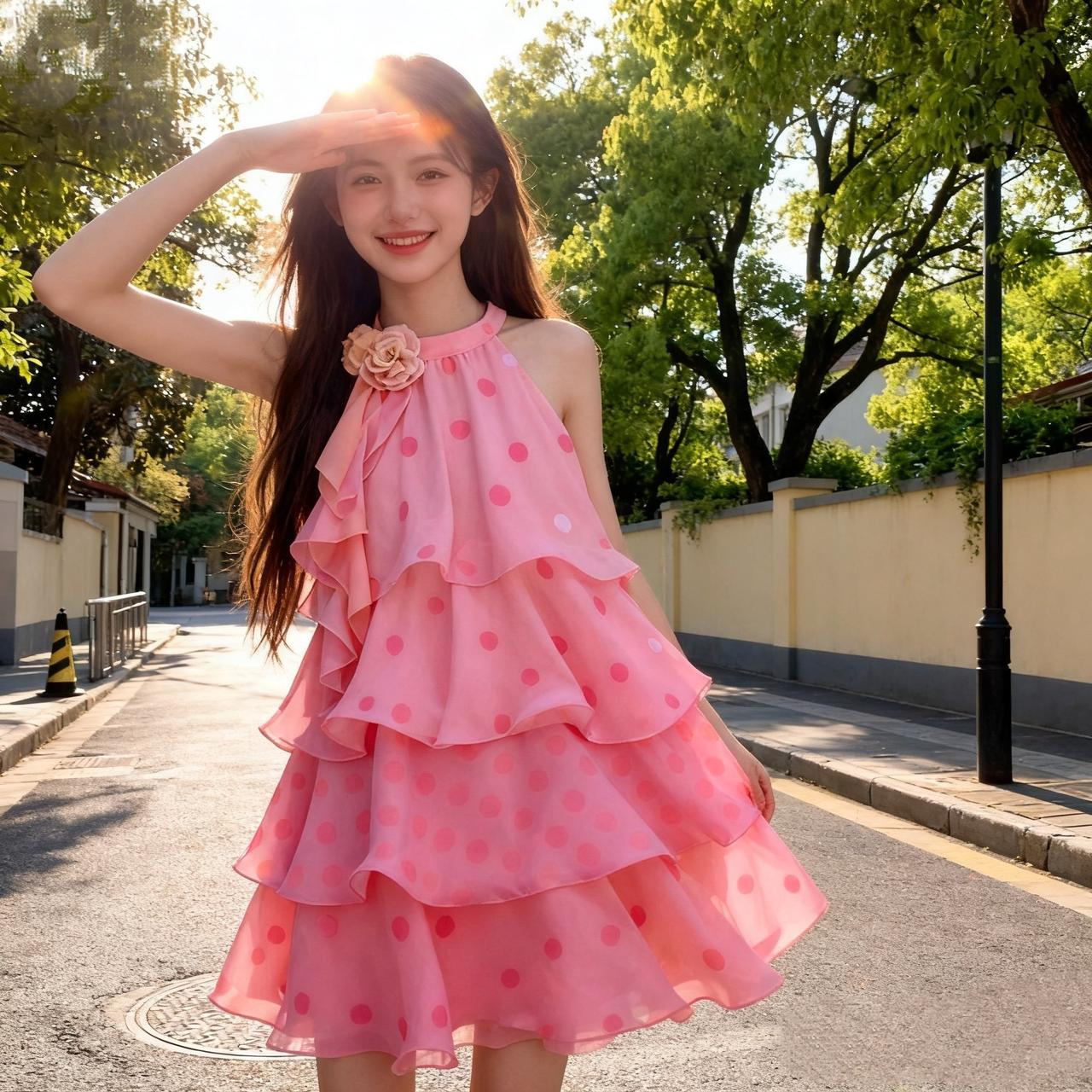 阳光下的甜美少女，粉色的波点连衣裙，微笑着挥手，仿佛在迎接美好的一天！🌞💖美