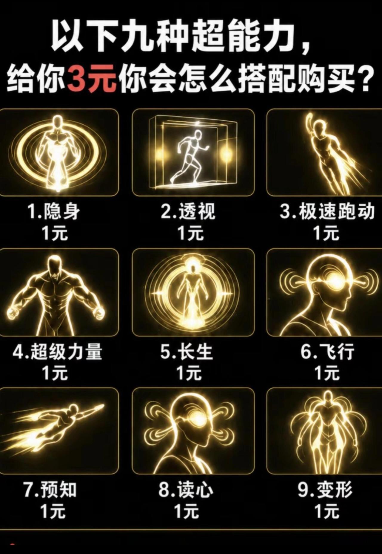 假如以下九种超能力中，可以选择3项，你会怎么选？