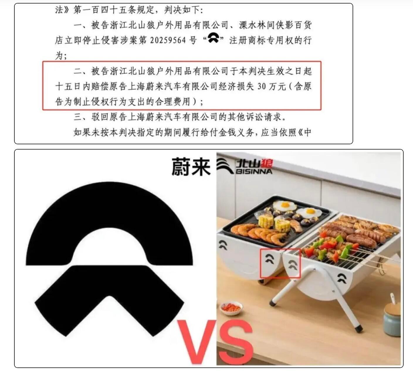 公司回应撞脸蔚来logo被判赔30万  蔚来回应起诉烧烤炉通风孔撞logo  北