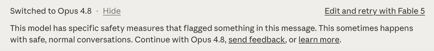 触发了fable 5的安全机制，自动切换到了 Opus 4.8。 