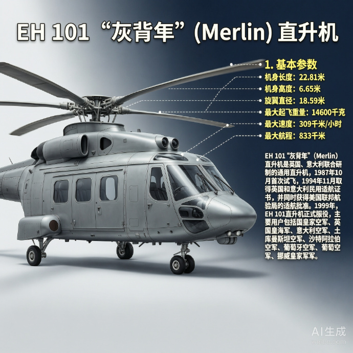 军事ai新视野 欧洲EH 101“灰背隼”直升机机身长度：22.81米机身高度：
