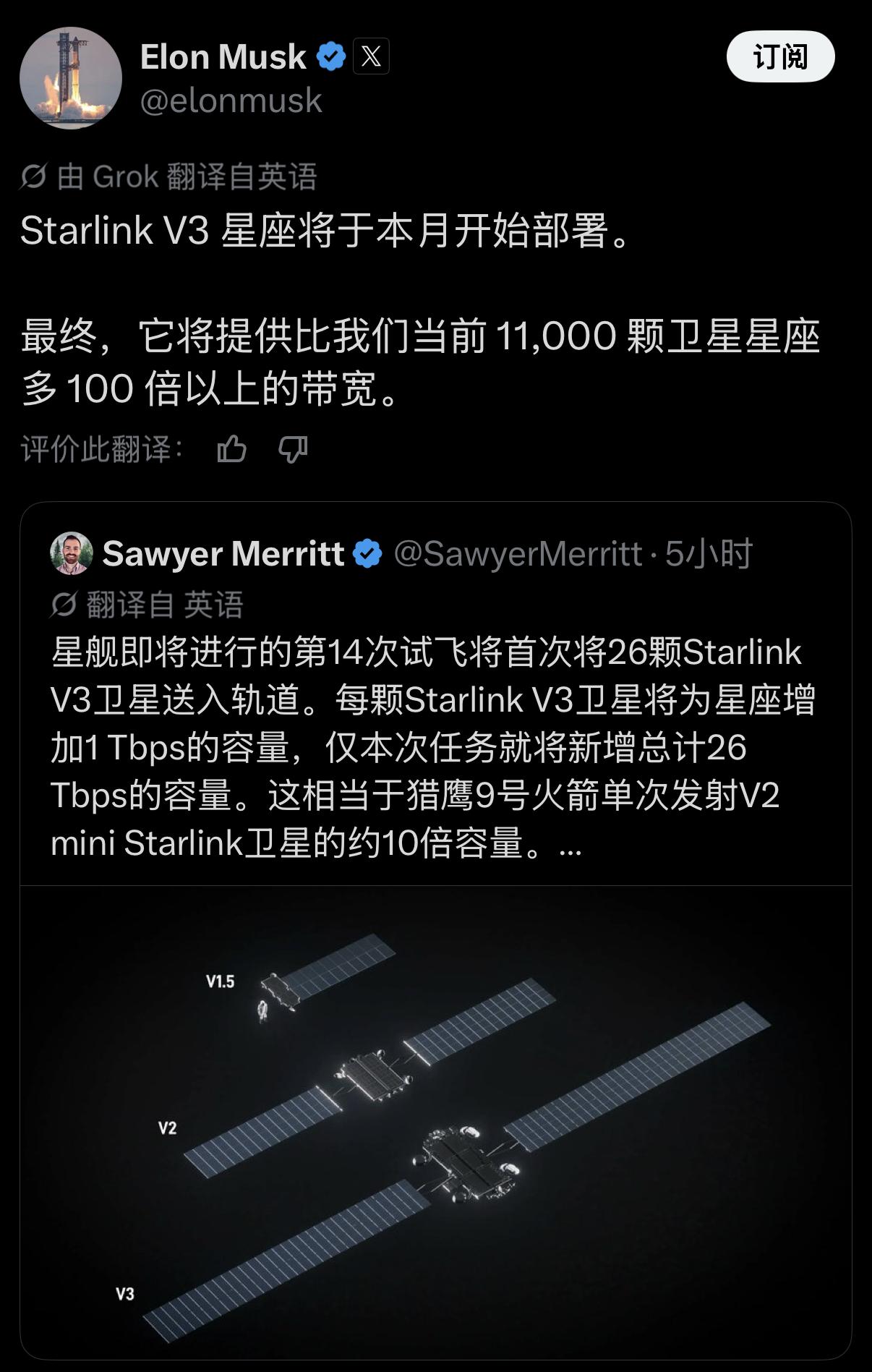 马斯克在 X 上同步了 Starlink V3（第三代星链）的最新进展。

星舰