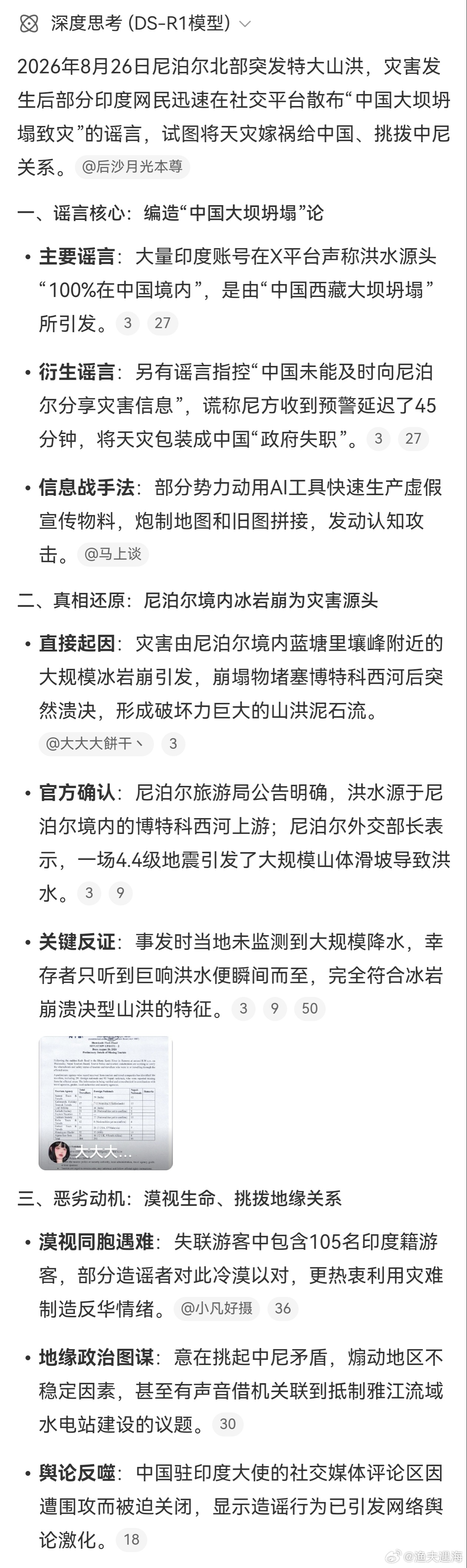 印度人对尼泊尔山洪造谣AI批量造谣、拼接旧图，刻意挑拨中尼关系，用心险恶。天灾无