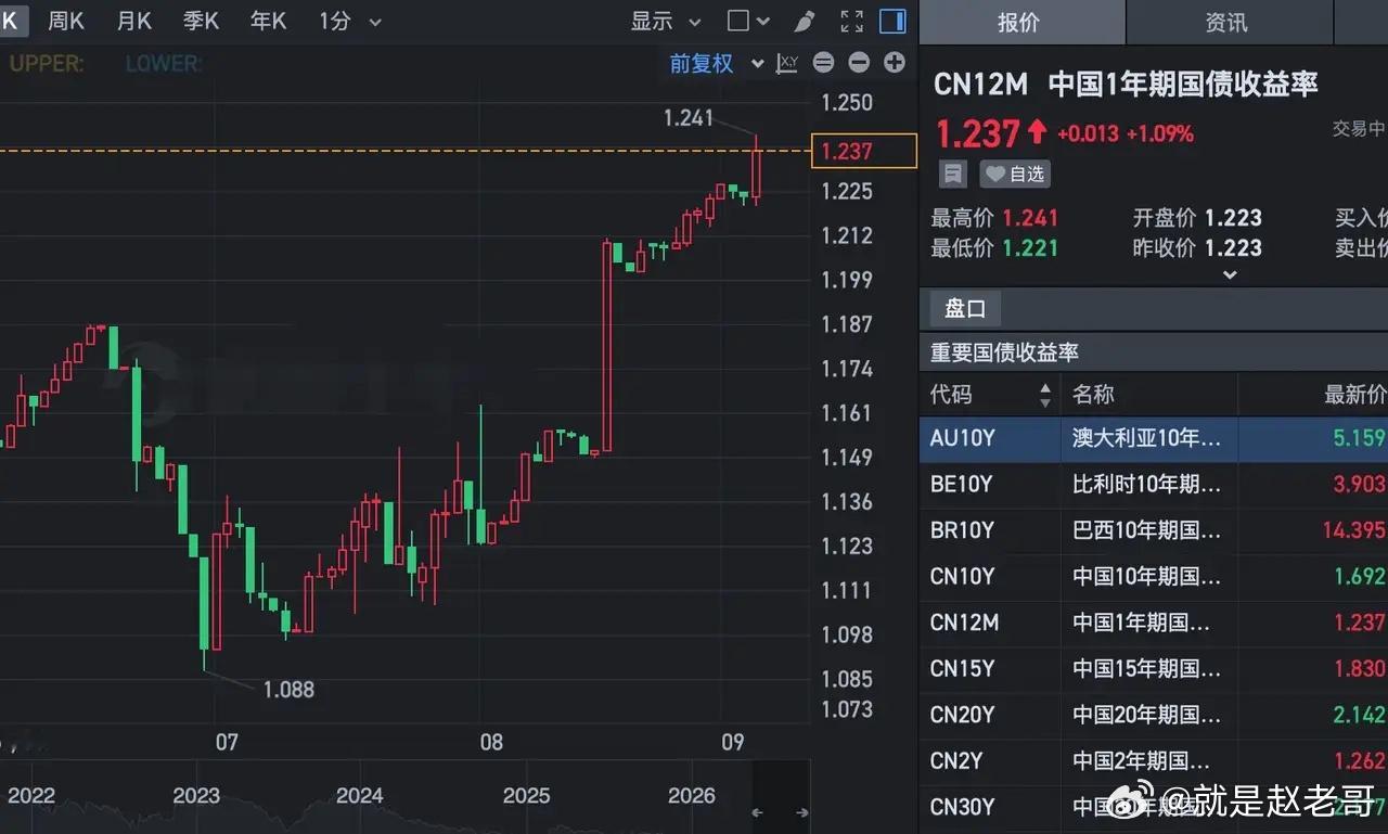 最近全球国债收益率，不管是短期的还是长期的，外国的国债收益率都在走高。但是中国国