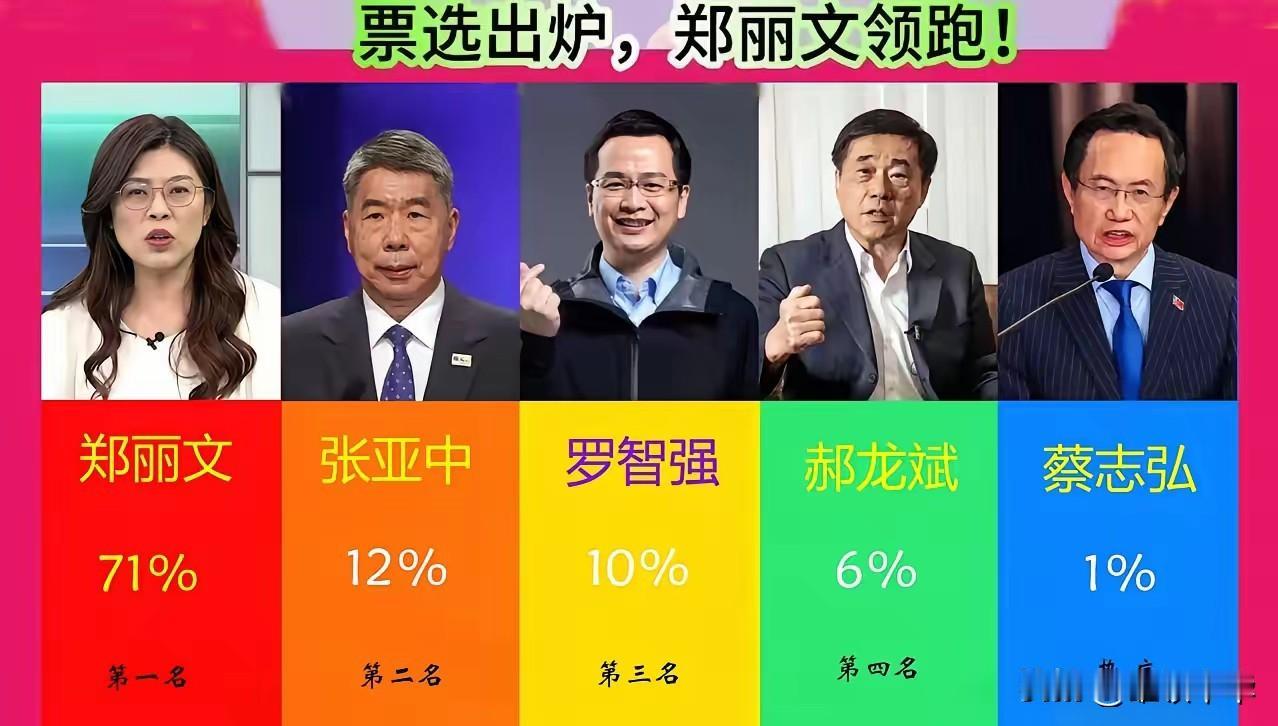 “一女独秀”从民调来看，女性国民党候选人郑丽文的民调大幅领选其他四位男性候选人说