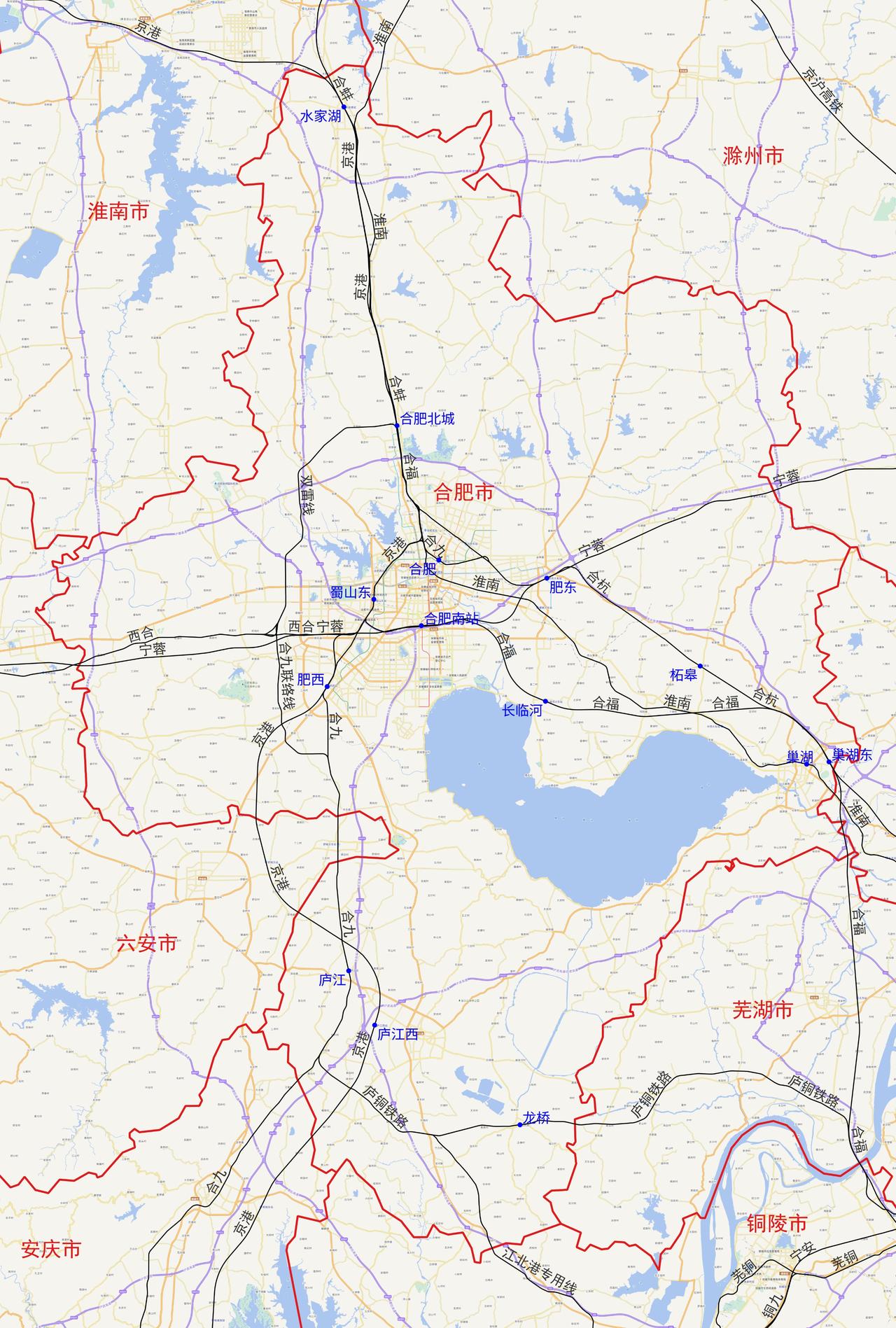 安徽省合肥市铁路及客运站分布图
根据铁路12360数据，安徽省合肥市目前有以下1