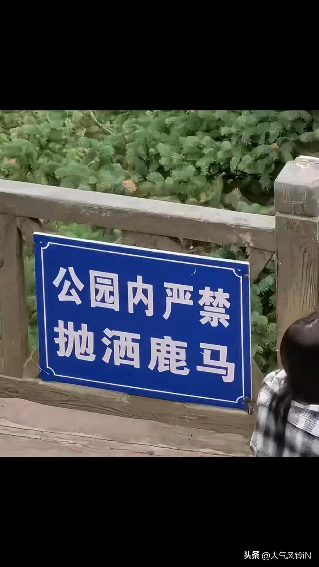 公园里的护栏上，这个牌子上的内容是什么意思？关键是“抛洒鹿马”这四个字是啥意思？