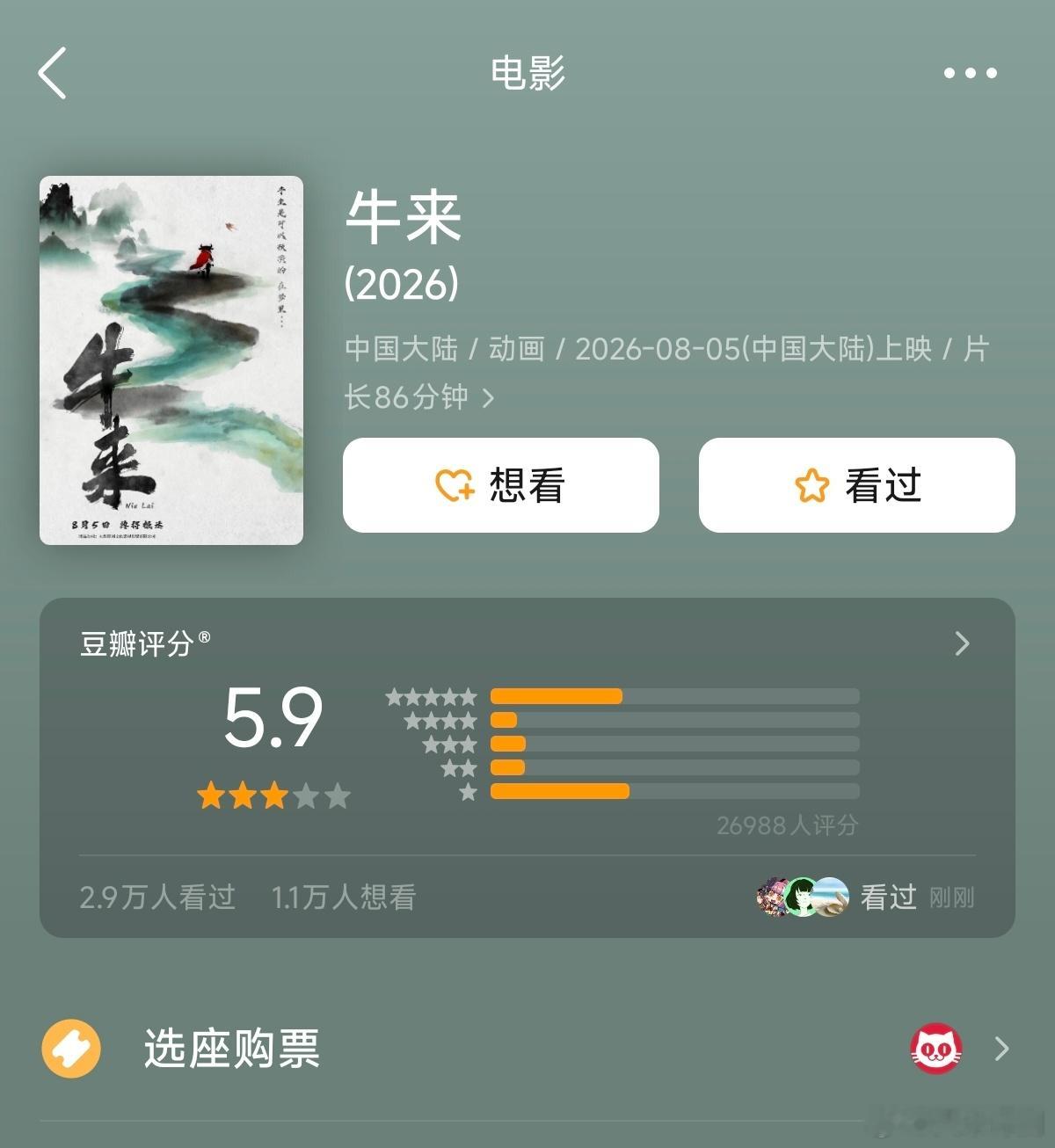 《牛来》豆瓣开分5.9，比预期要高不少~ 