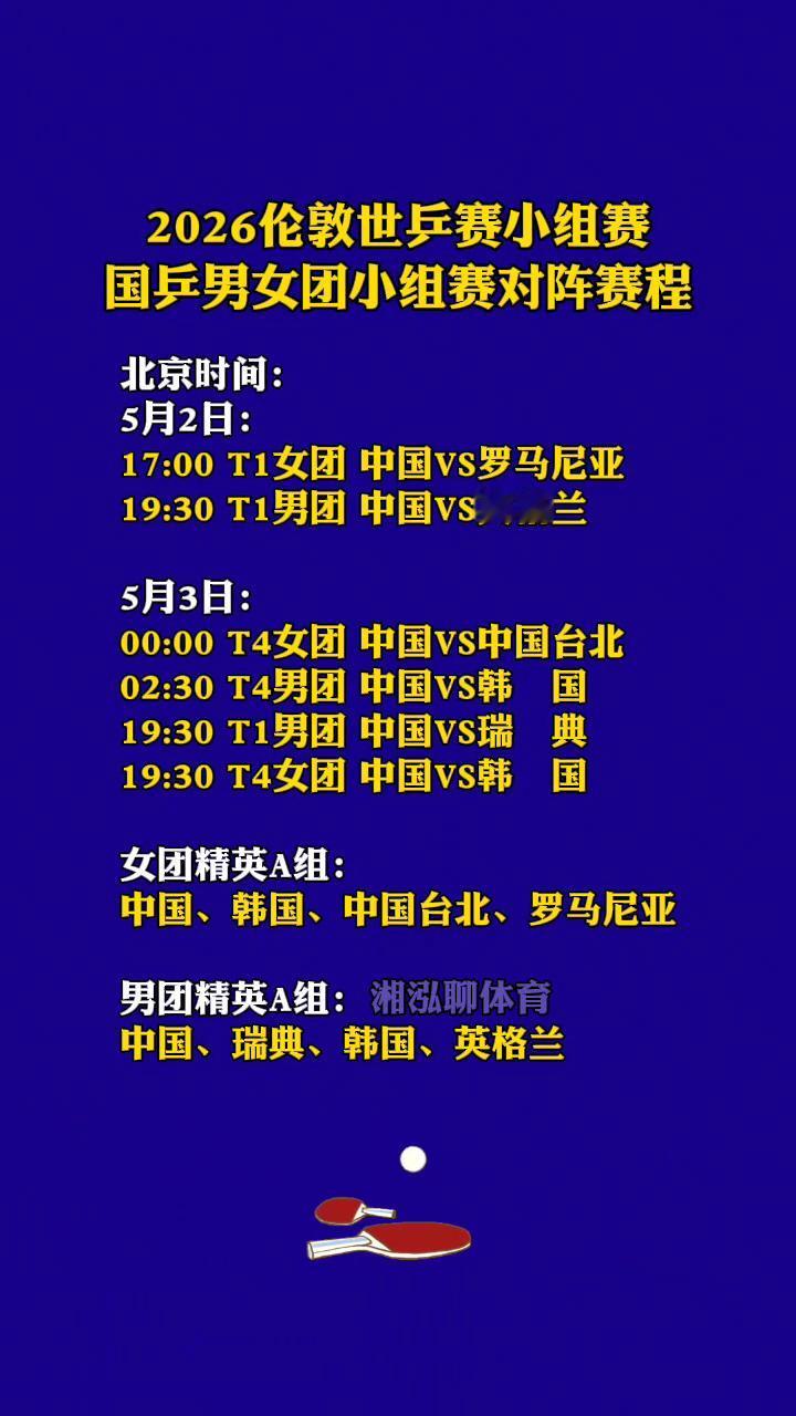 2026伦敦世乒赛小组赛国乒男女团小组赛对阵赛程。
北京时间：5月2日：17：0