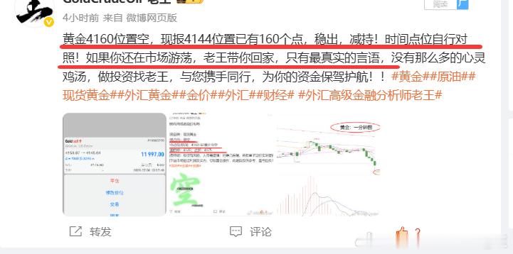 黄金4160位置空，在4136位置止盈240个点，已经提前止盈！在这个市场里，行