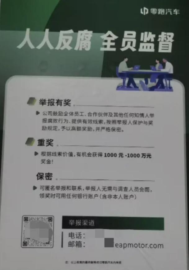 零跑举报反腐重奖1000万
3月22日消息，零跑汽车被曝开展内部反腐整顿，员工主