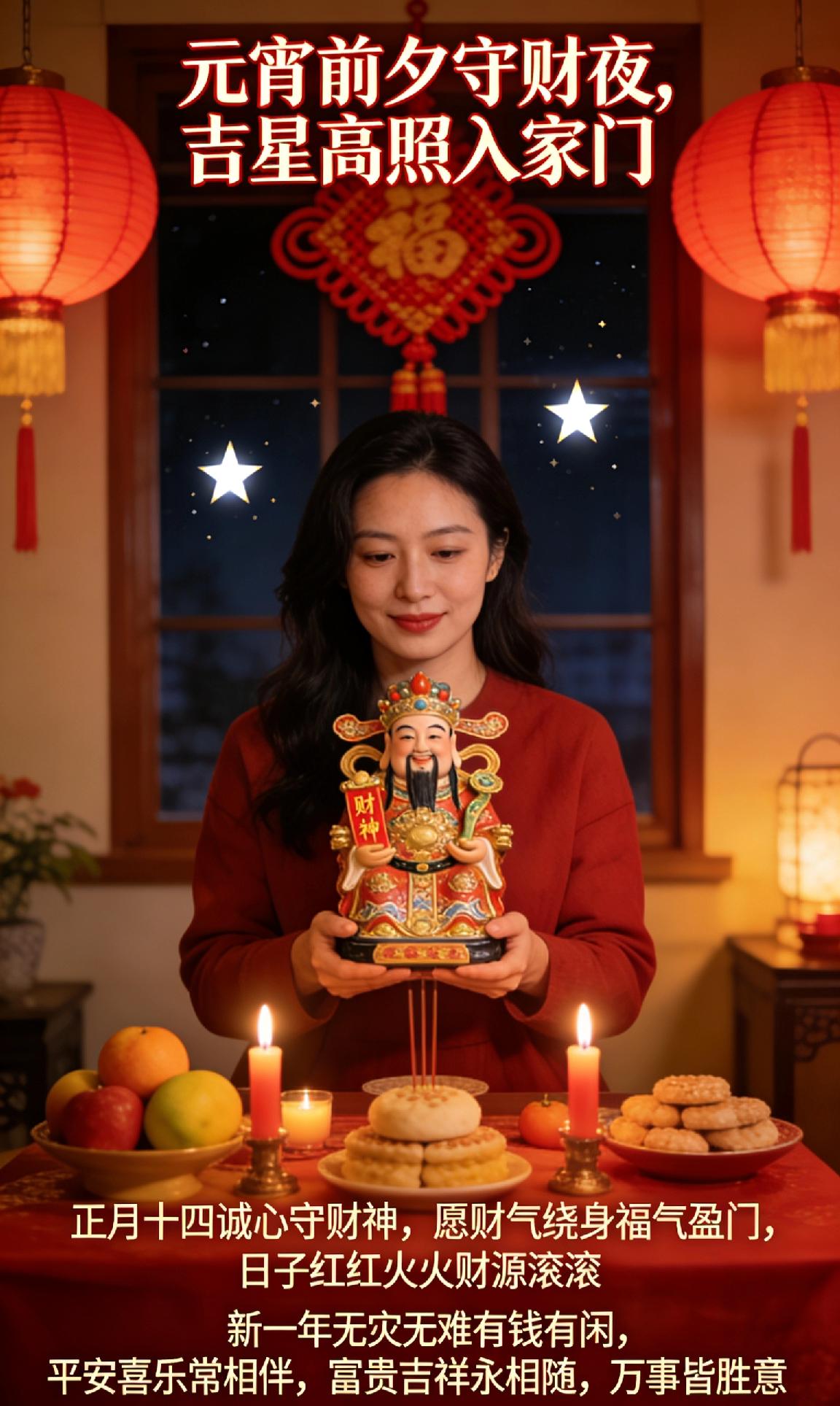 元宵前夕守财夜，吉星高照入家门。正月十四诚心守财神，愿财气绕身福气盈门，日子红红