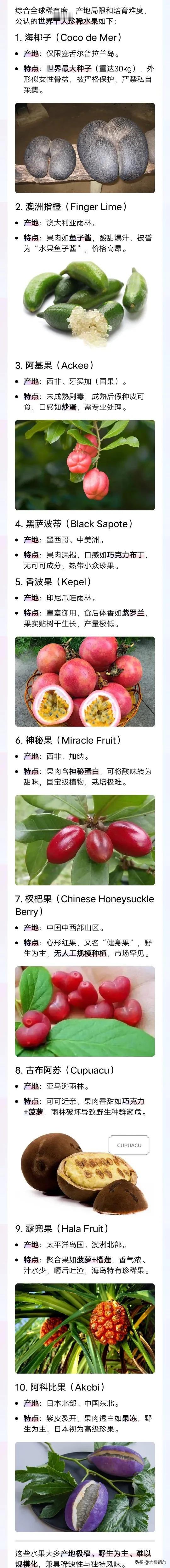 世界十大珍稀水果品种
世界上有很多珍稀水果，超市难见，很多人吃过的不超三种。
像