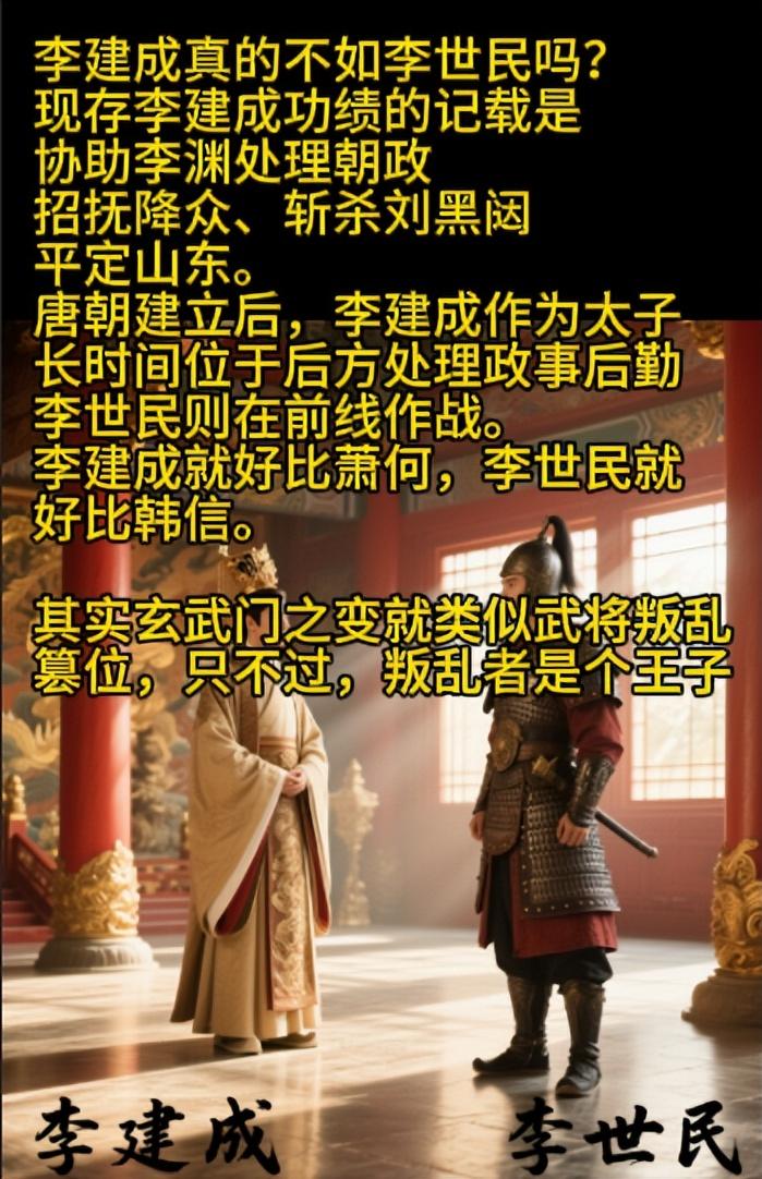 其实玄武门之变就类似武将叛乱篡位，只不过叛乱者是一位王子。

李建成真的不如李世