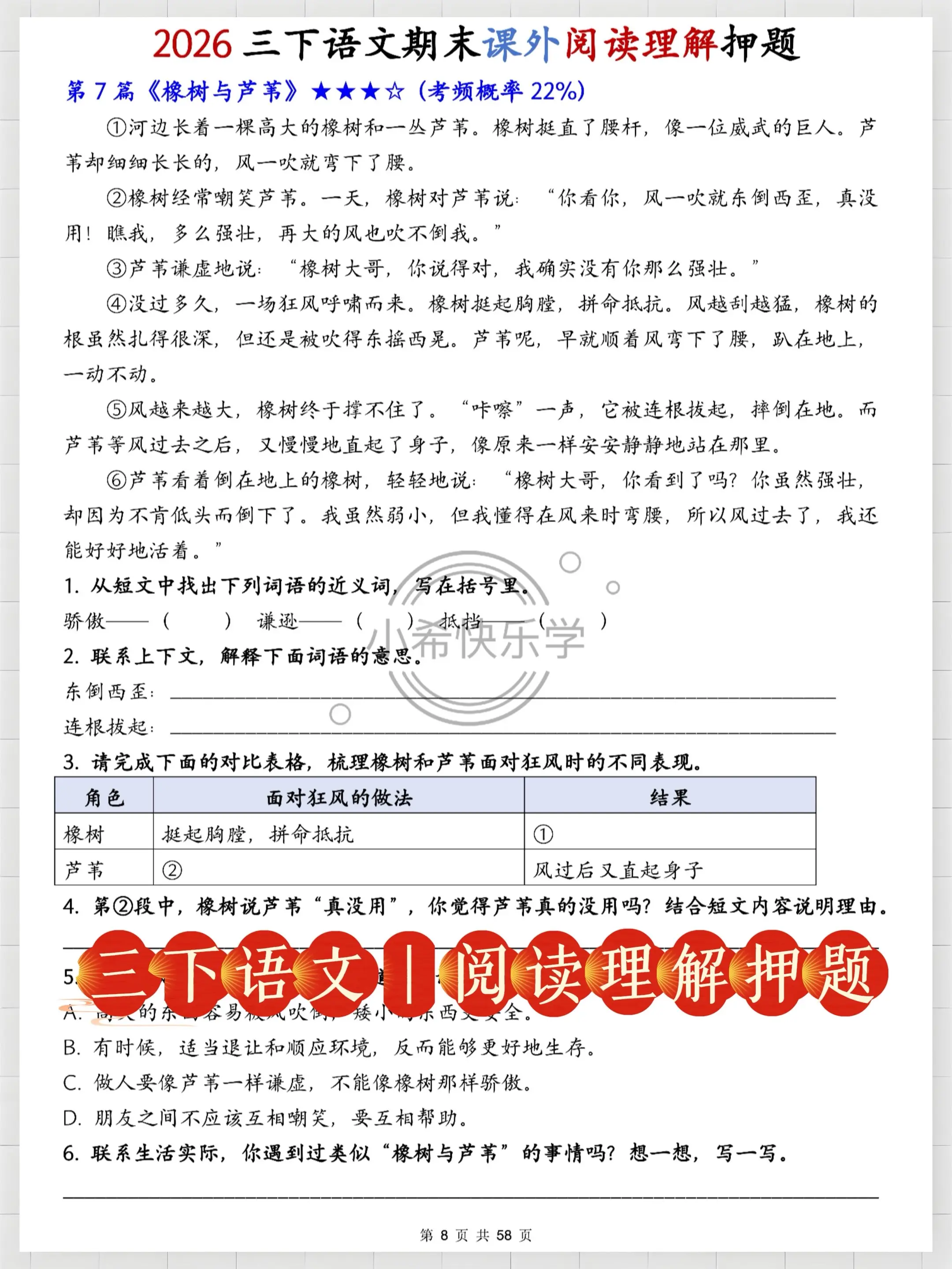 三年级下册语文期末阅读理解｜期末押题必刷。期末倒计时⏰ 三年级宝妈快看...