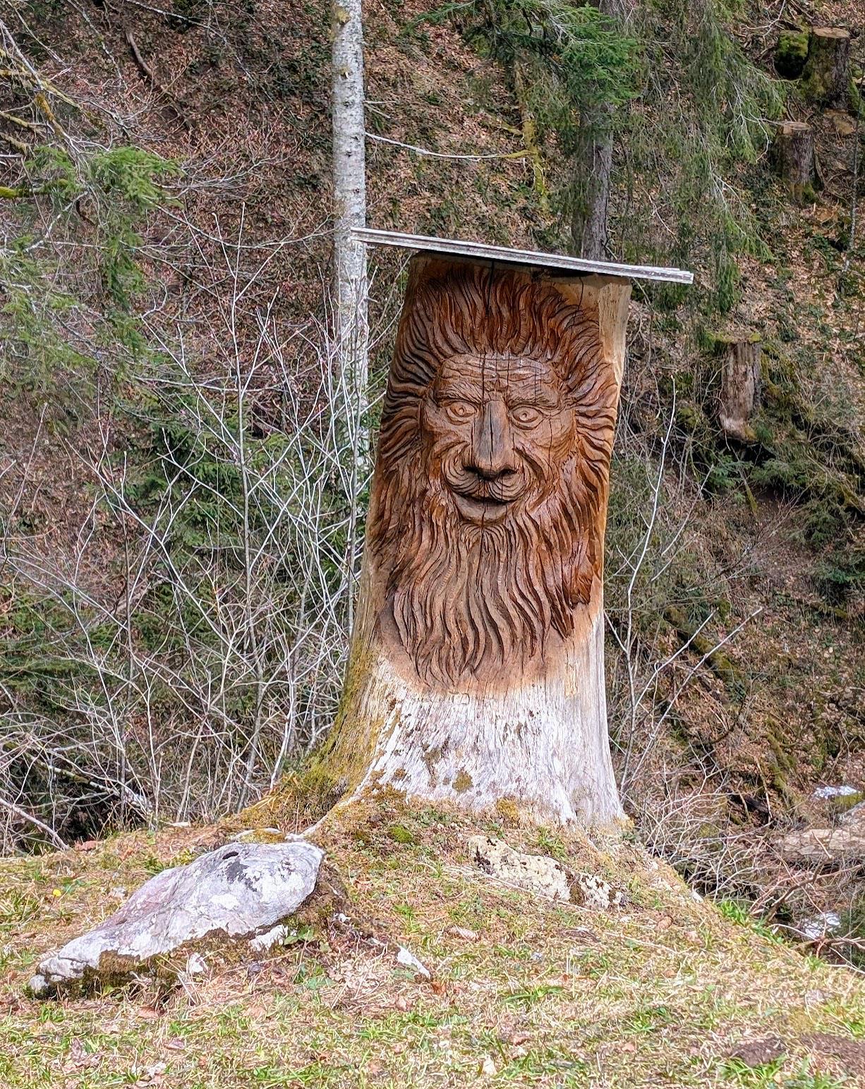 徒步时发现一棵雕刻树桩，上面刻着一张人脸。有人觉得它破坏了徒步的自然氛围，也有人