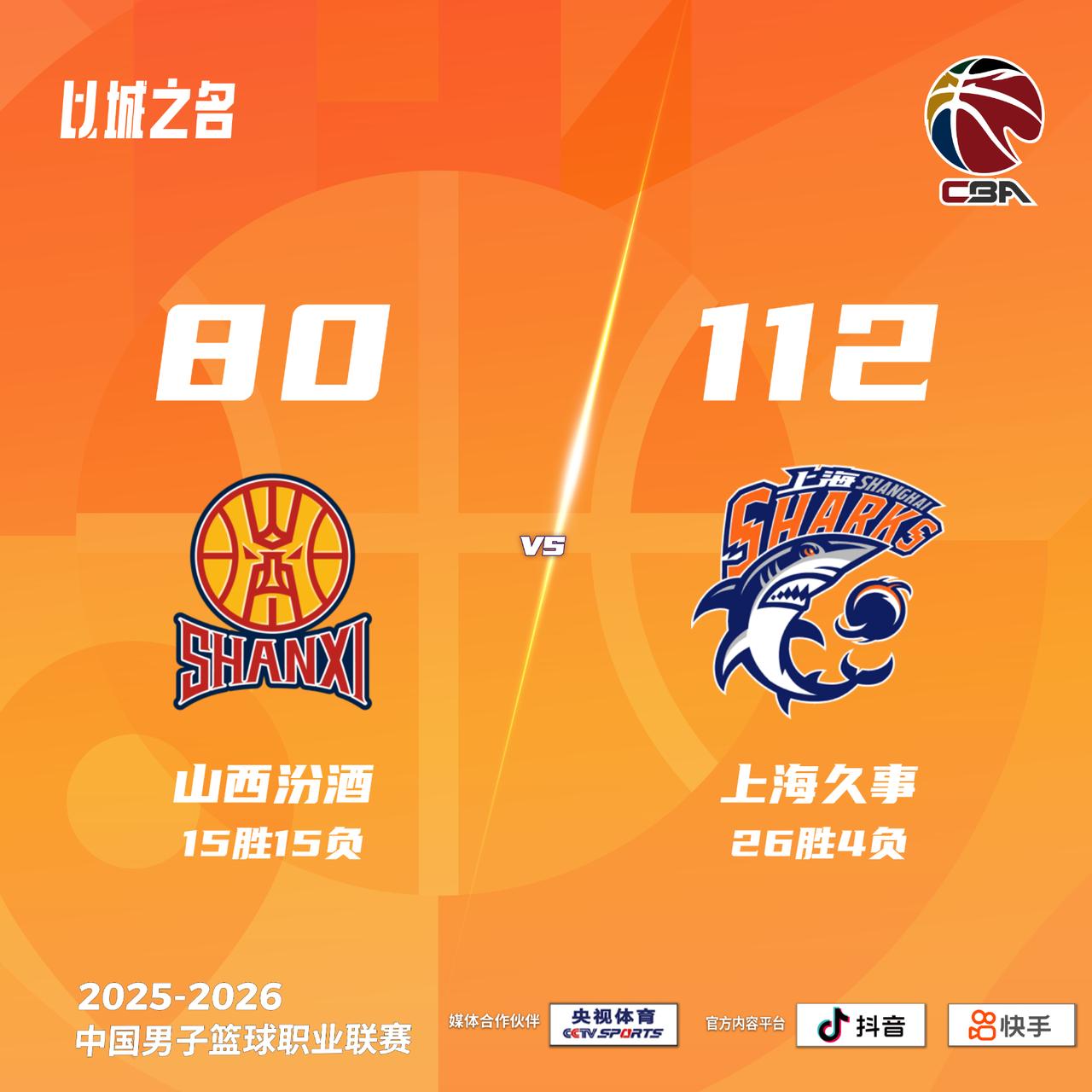 山西汾酒 80-112 上海久事山西男篮vs上海男篮
山西汾酒：奈特19分6篮板