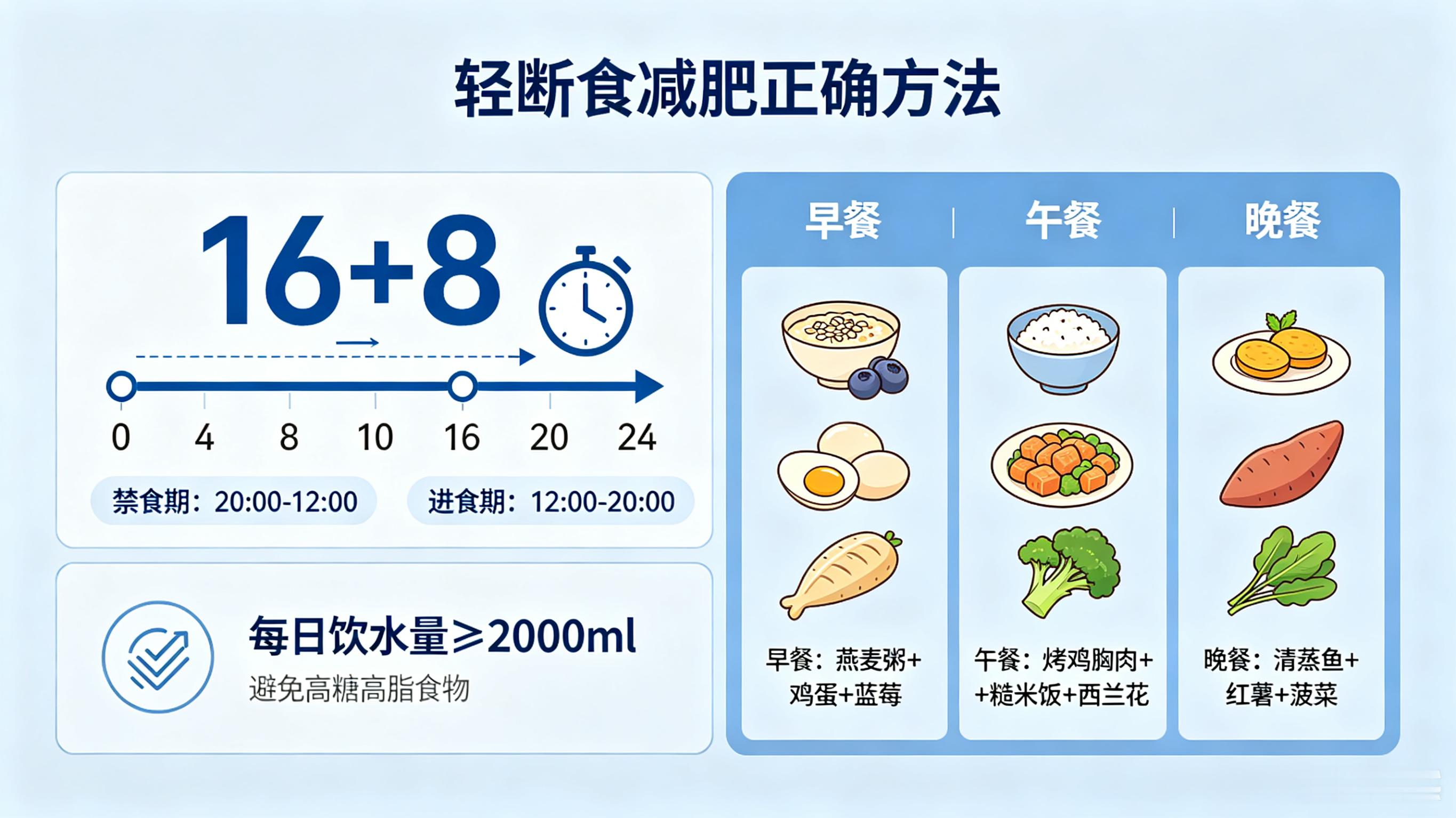 轻断食（间歇性断食）核心是限时进食+热量控制，优先选16+8或5+2模式，配合干