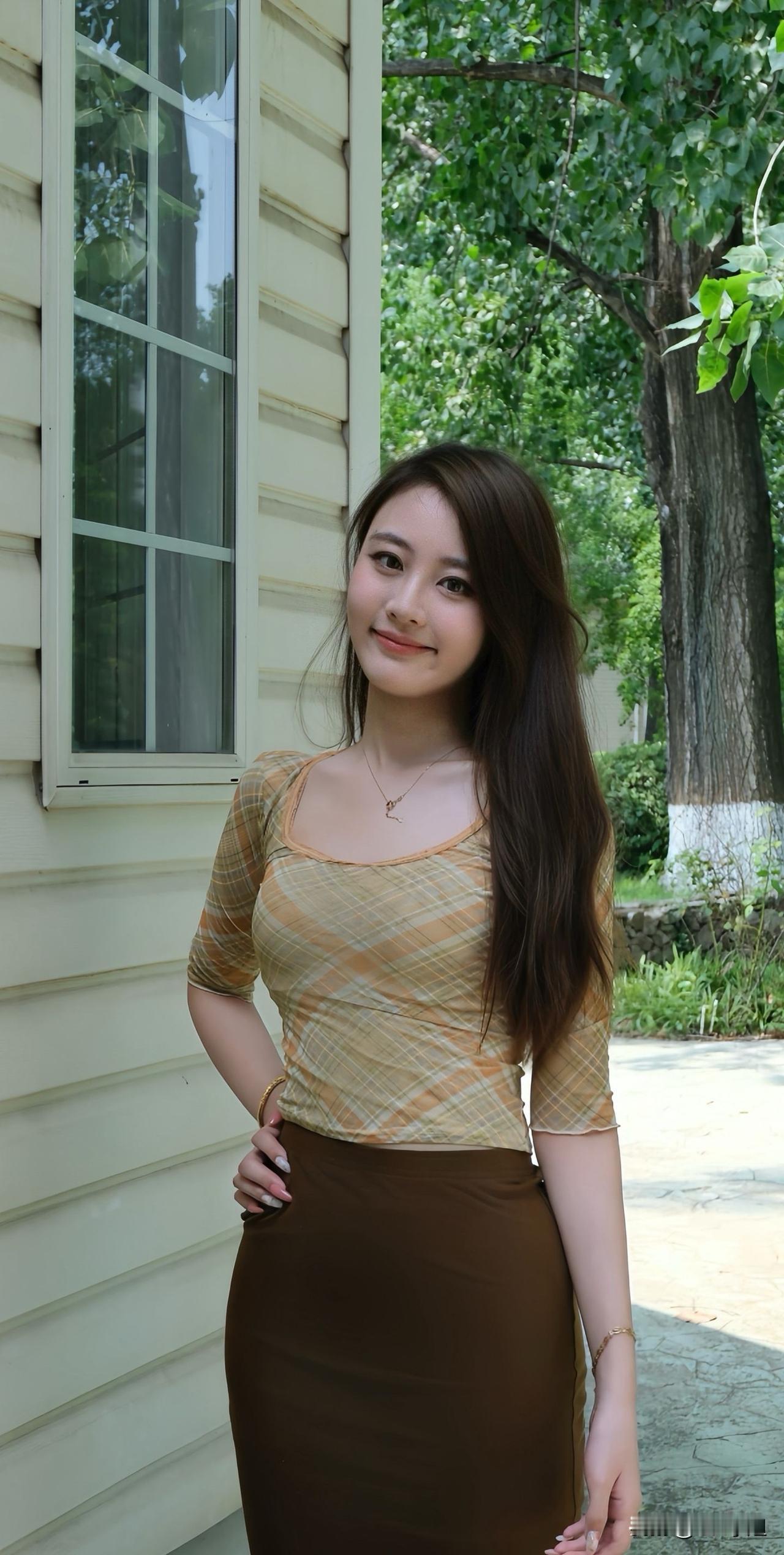 穿搭的高级感，藏在舒服的配色里，暖黄色格纹上衣搭配深棕半裙，经典大地色系，沉稳又