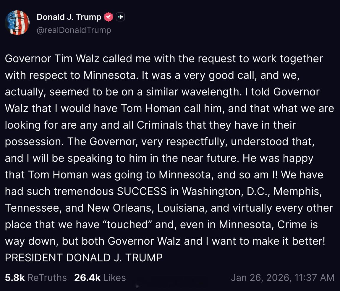 川普已和明尼苏达州长Walz打了电话：“明尼苏达州州长Tim Walz给我打了电