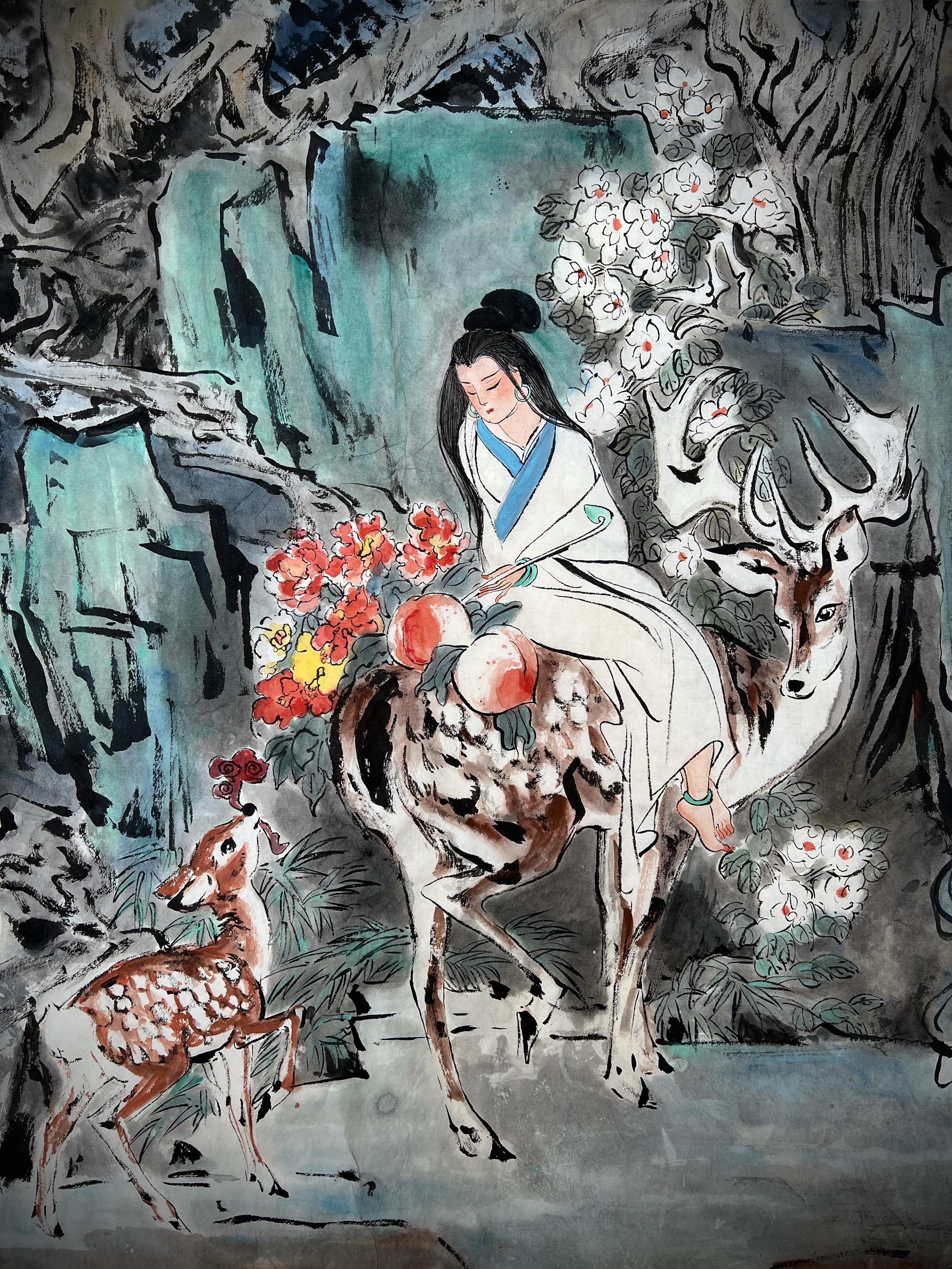云锦霞裳簇瑞烟，三山鸾鹤共飞翩。 麻姑东海曾亲见，笑把蟠桃荐万年。 麻姑献寿