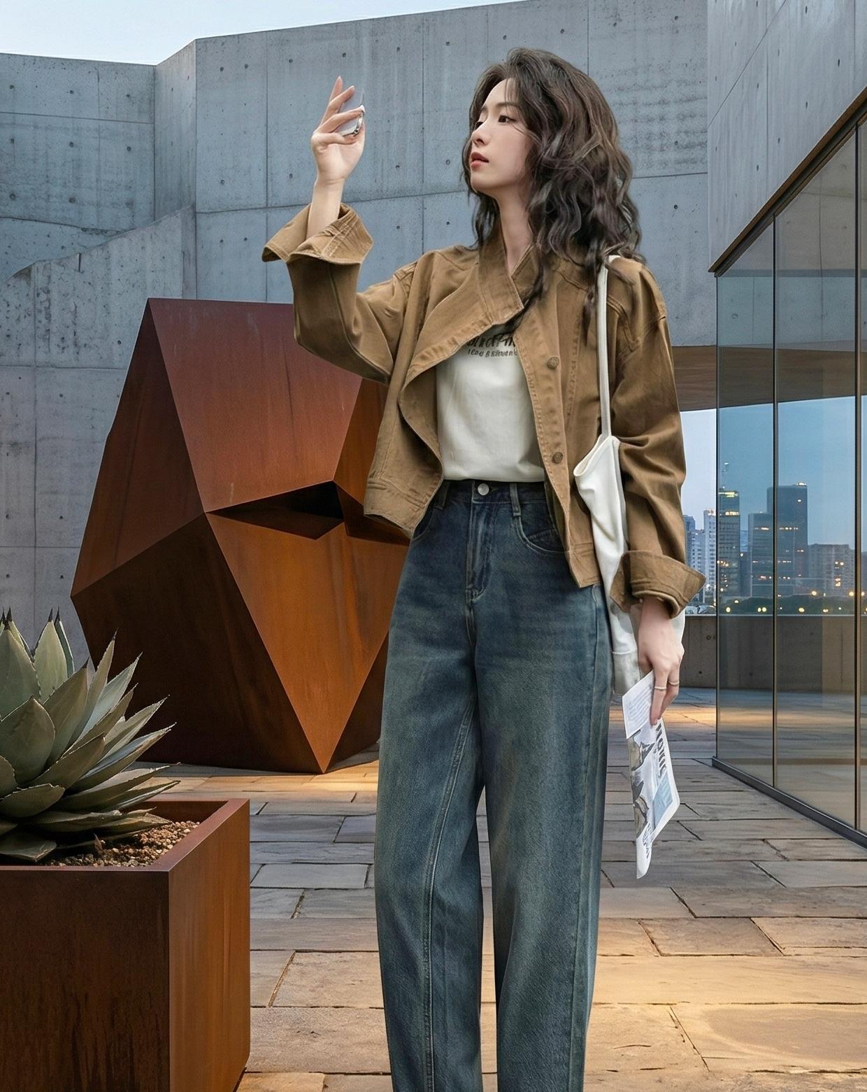 都市时尚女孩，牛仔裤+棕色外套，轻松自在，享受城市生活。牛仔裤穿搭，大爱黑灰牛仔