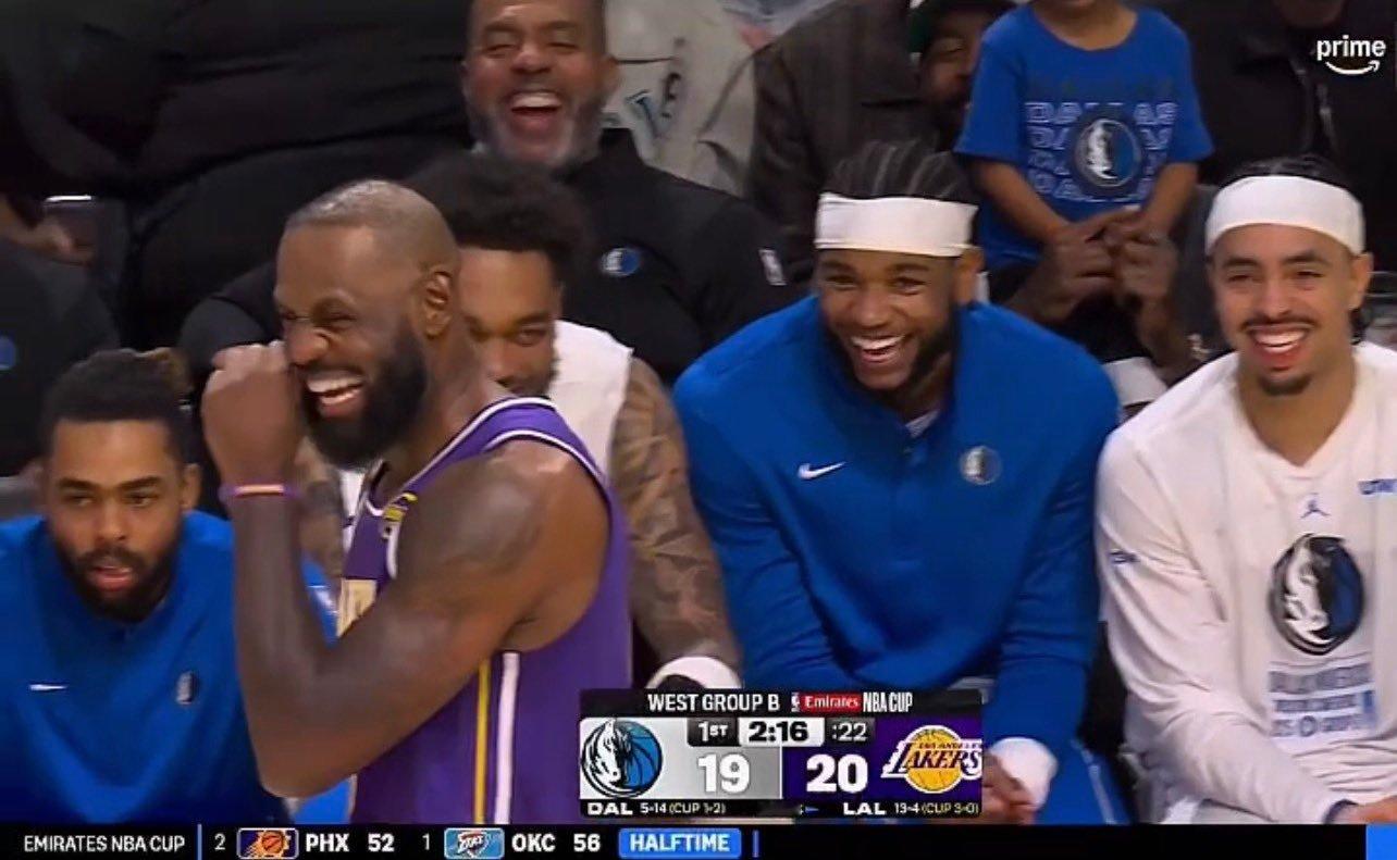 老詹把独行侠替补席逗乐了，除了水拉。NBA