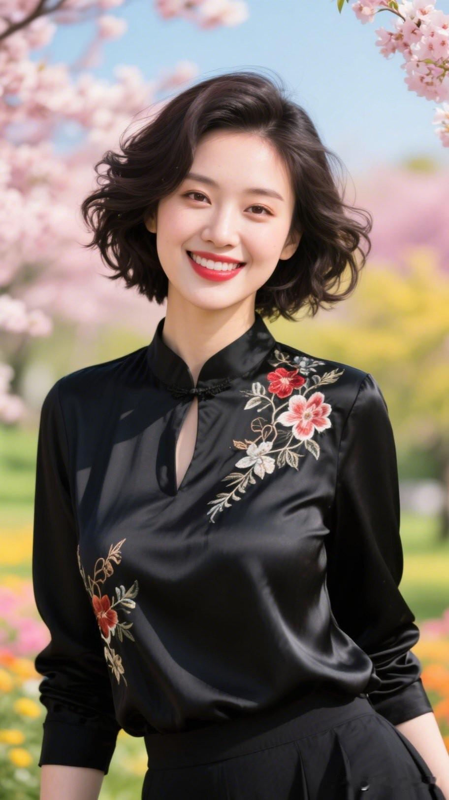 春日花海中的优雅黑衣女子，绽放如花般灿烂的笑容。女生怎么穿搭会看上去很优雅
