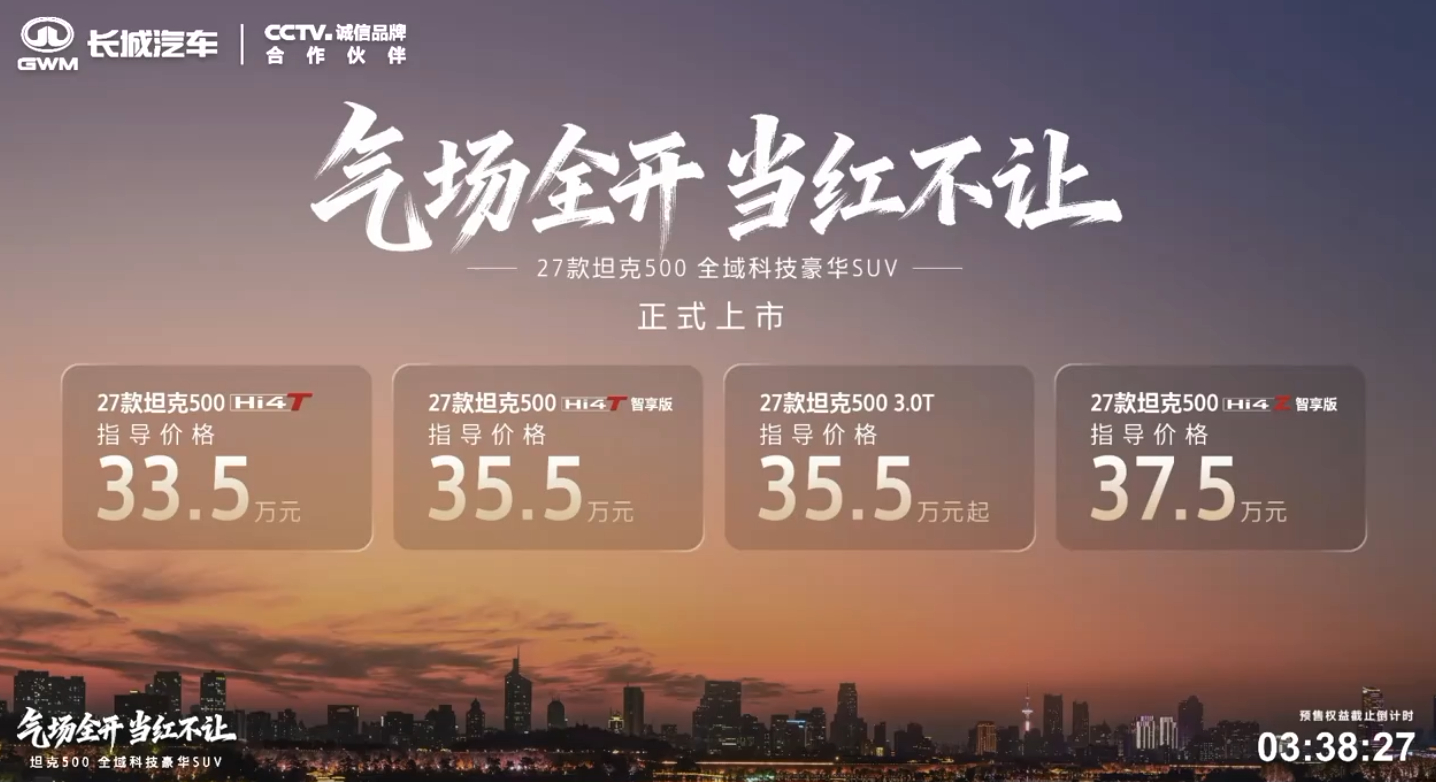 27款坦克500当红上市27款坦克500的上市价格来了，33.5万元起售。这价格